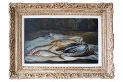 Peinture à l'huile vintage sur toile, poisson, nature morte au milieu du siècle.