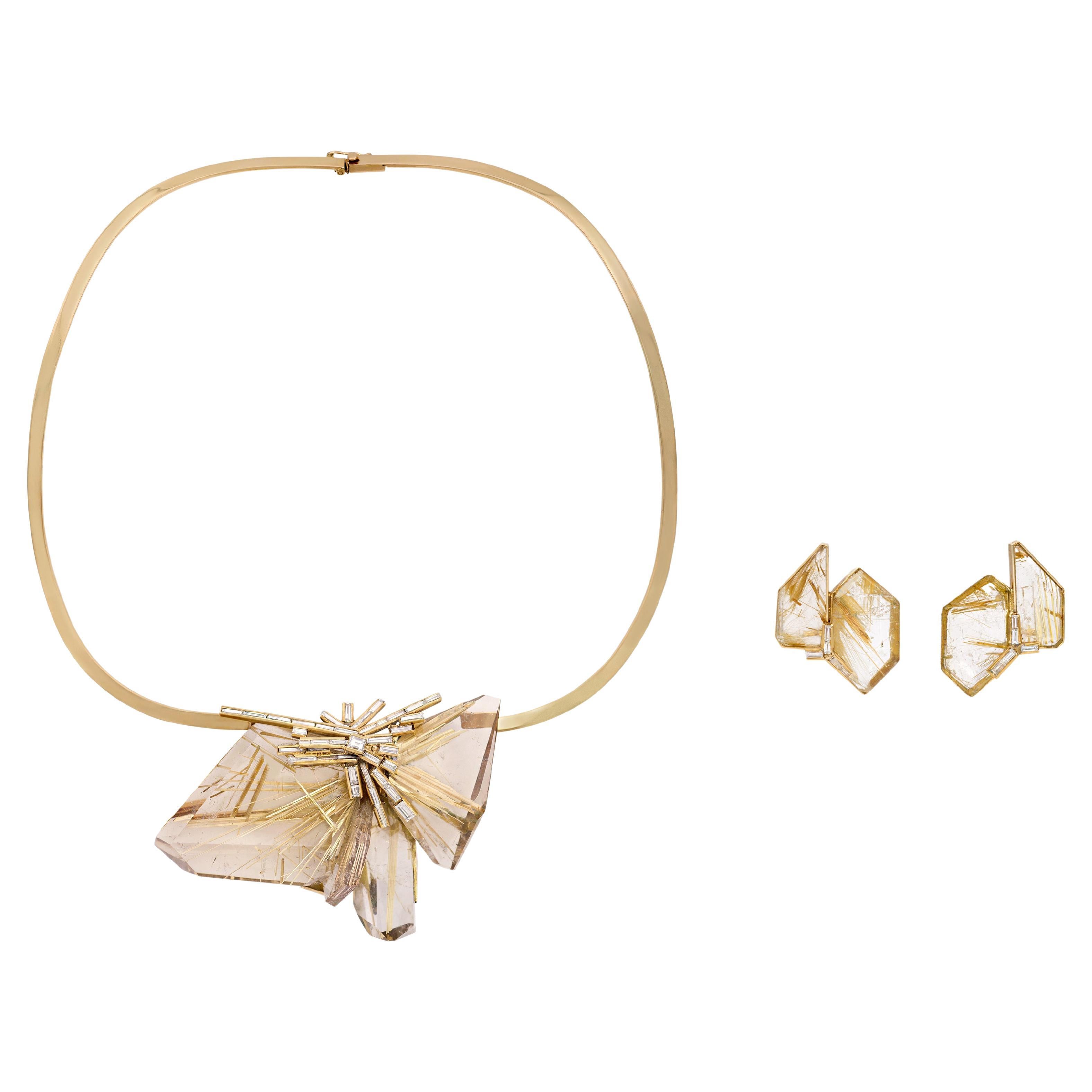 Set di collare e orecchini con diamanti, quarzo e oro 18 carati di Jean Vendome, c.C. 1980 in vendita