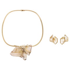 Jean Vendome Diamond, Quartz, 18K Gold Collar and Earrings Set, c. 1980