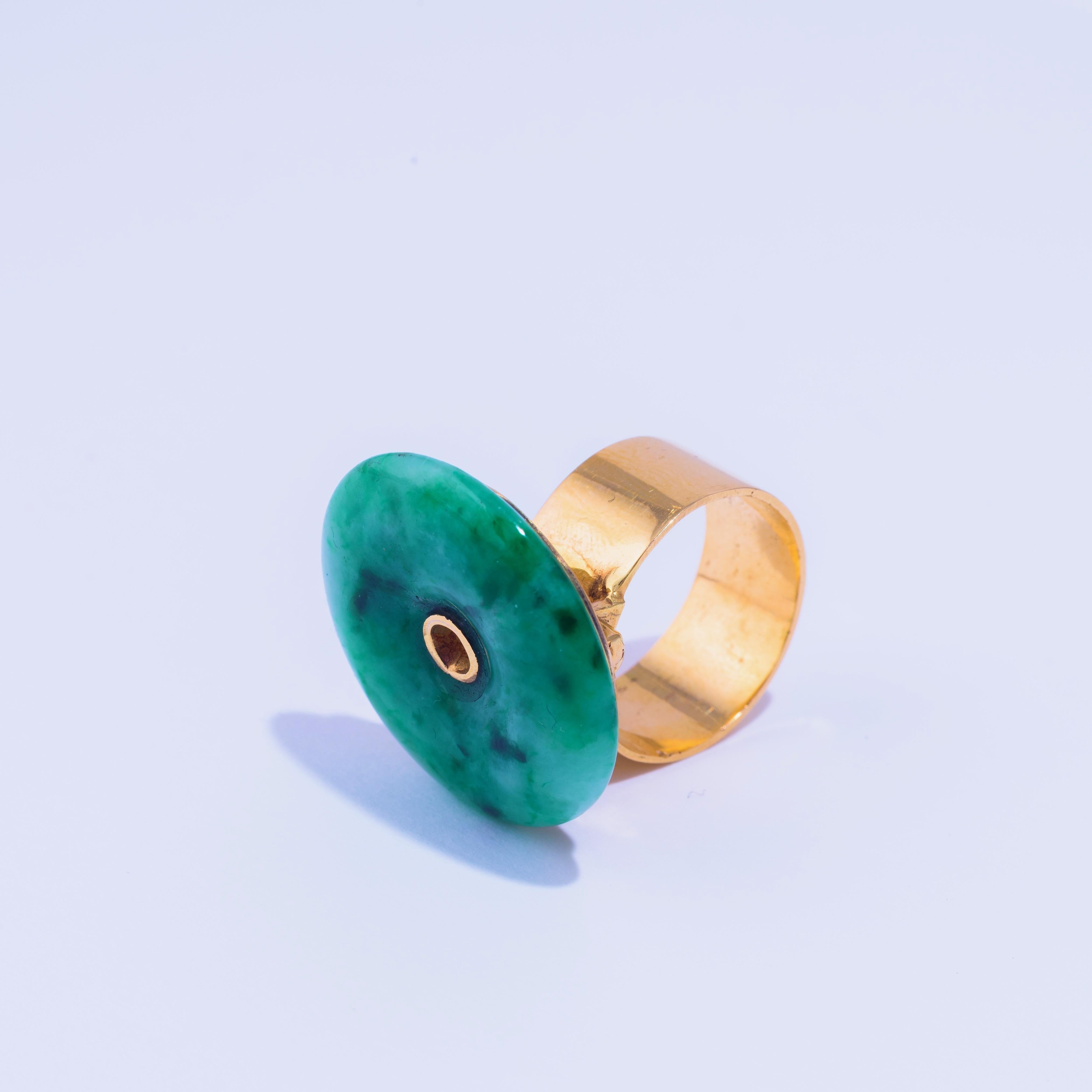 Modernist Jean Vendome Jade Bi Disc Gold Ring  For Sale