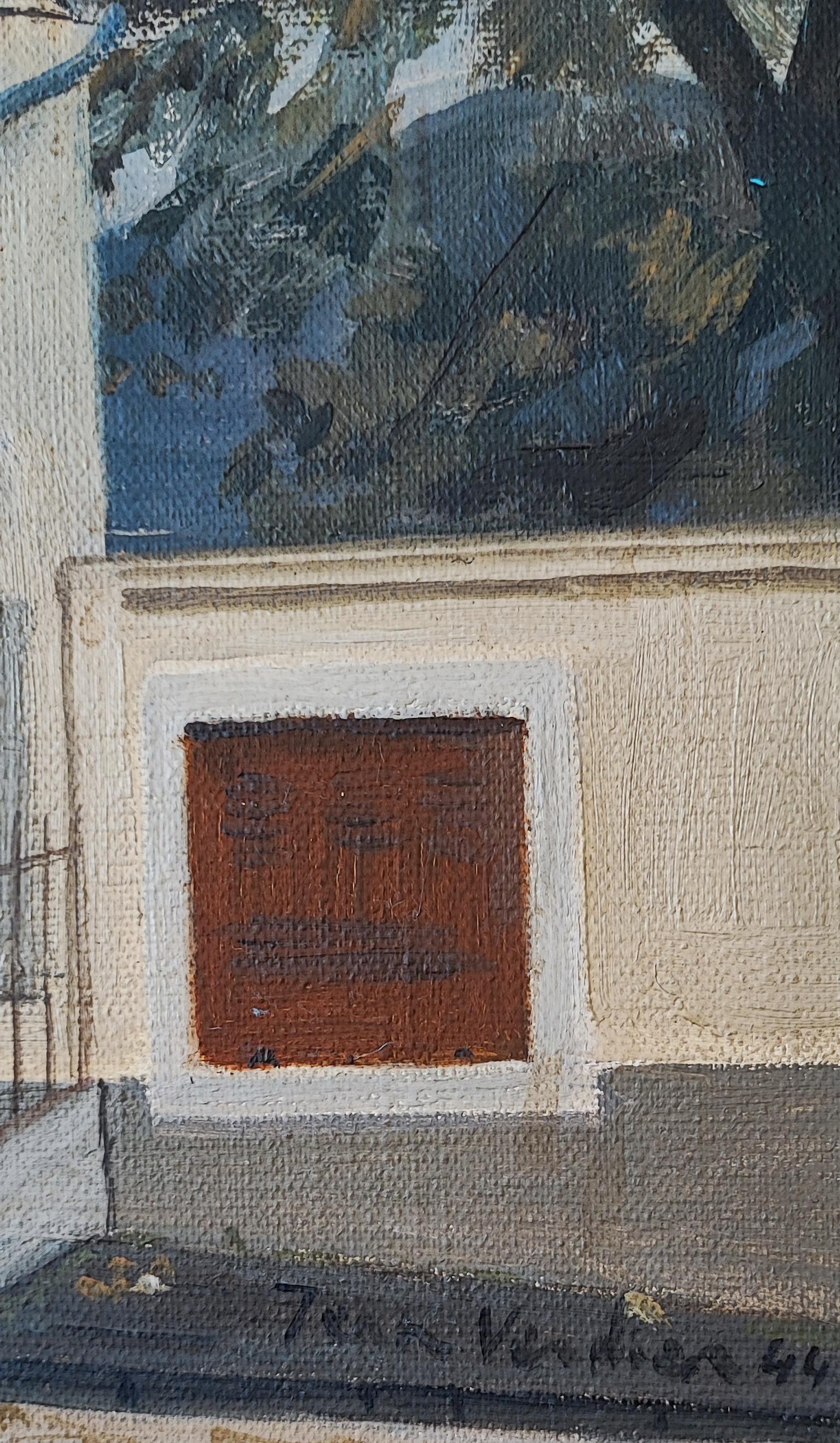 Café Monti, Chêne-Bourg Geneva - Gris Landscape Painting par Jean Verdier