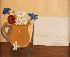 Bodegón con flores en jarra de cerámica, pintura al óleo del siglo XX