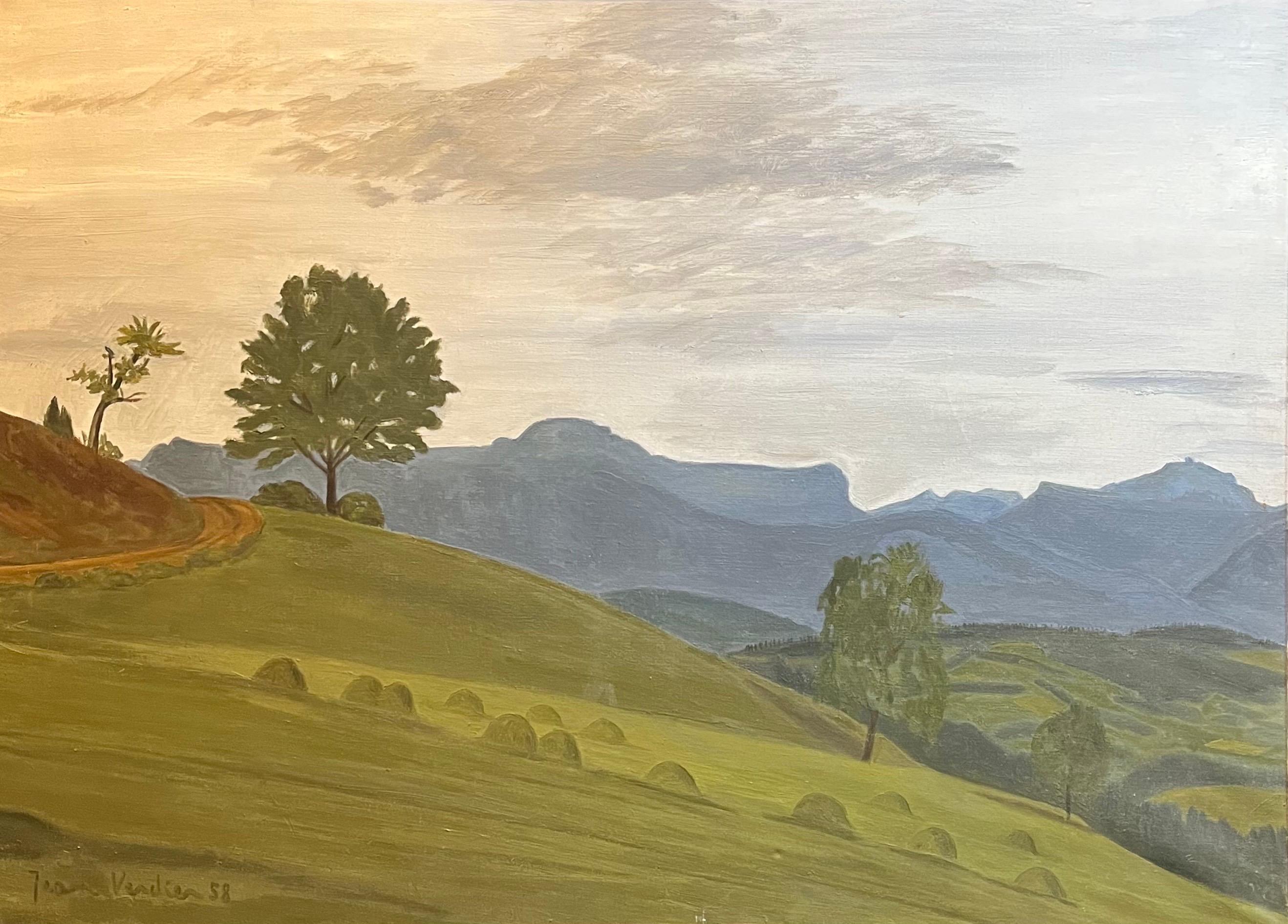 Landscape Painting di Jean Verdier - "Crepuscolo su Parmelan e La Tournette" di J. Verdier - Olio su tela - 73x100cm