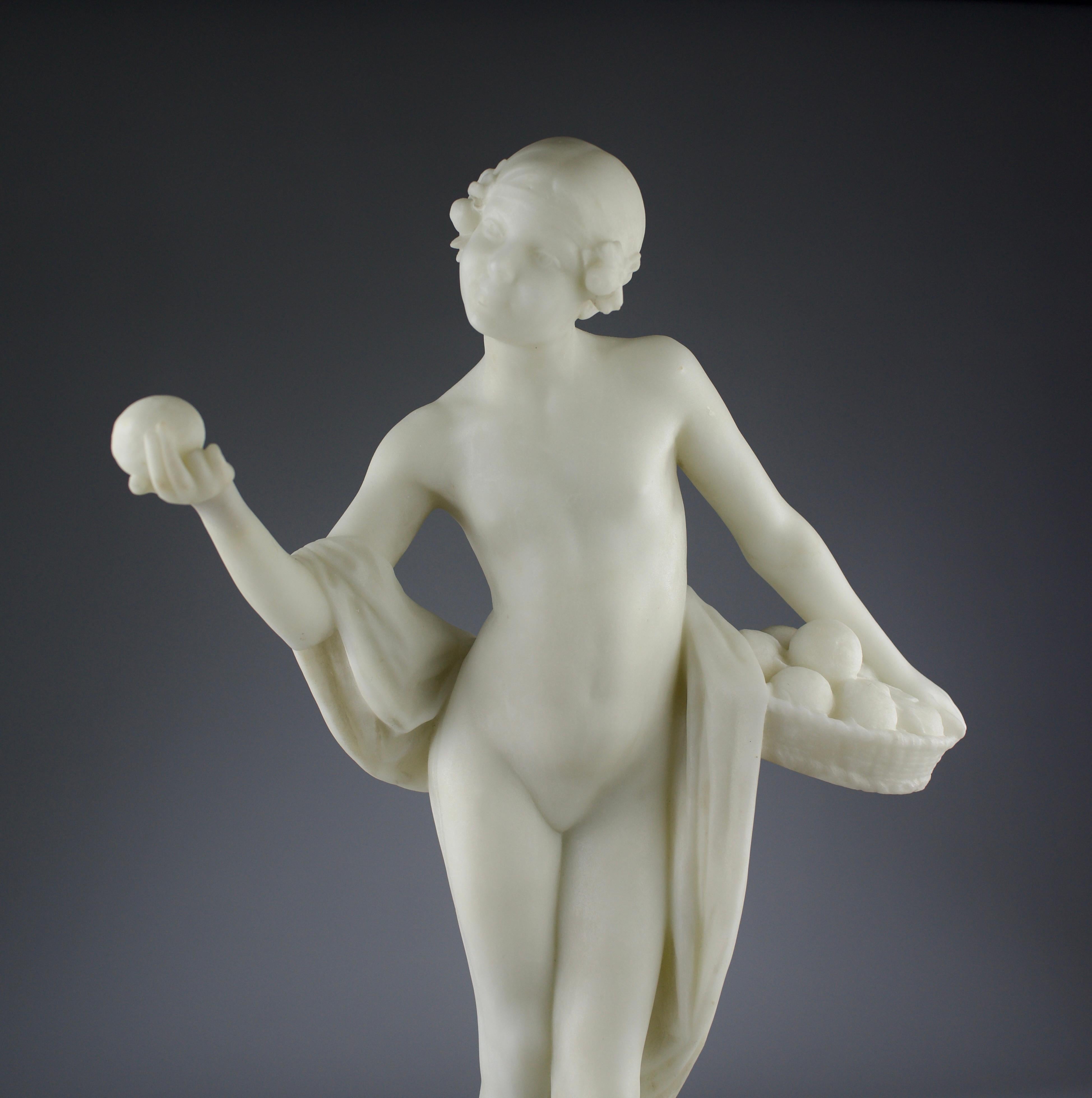 Jean Verschneider, Mädchen und der goldene Apfel, Marmorskulptur, Art déco, 1920er Jahre im Angebot 10