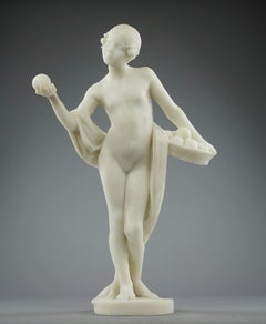 Jean Verschneider, Jeune fille et la pomme d'or, sculpture en marbre, Art déco des années 1920