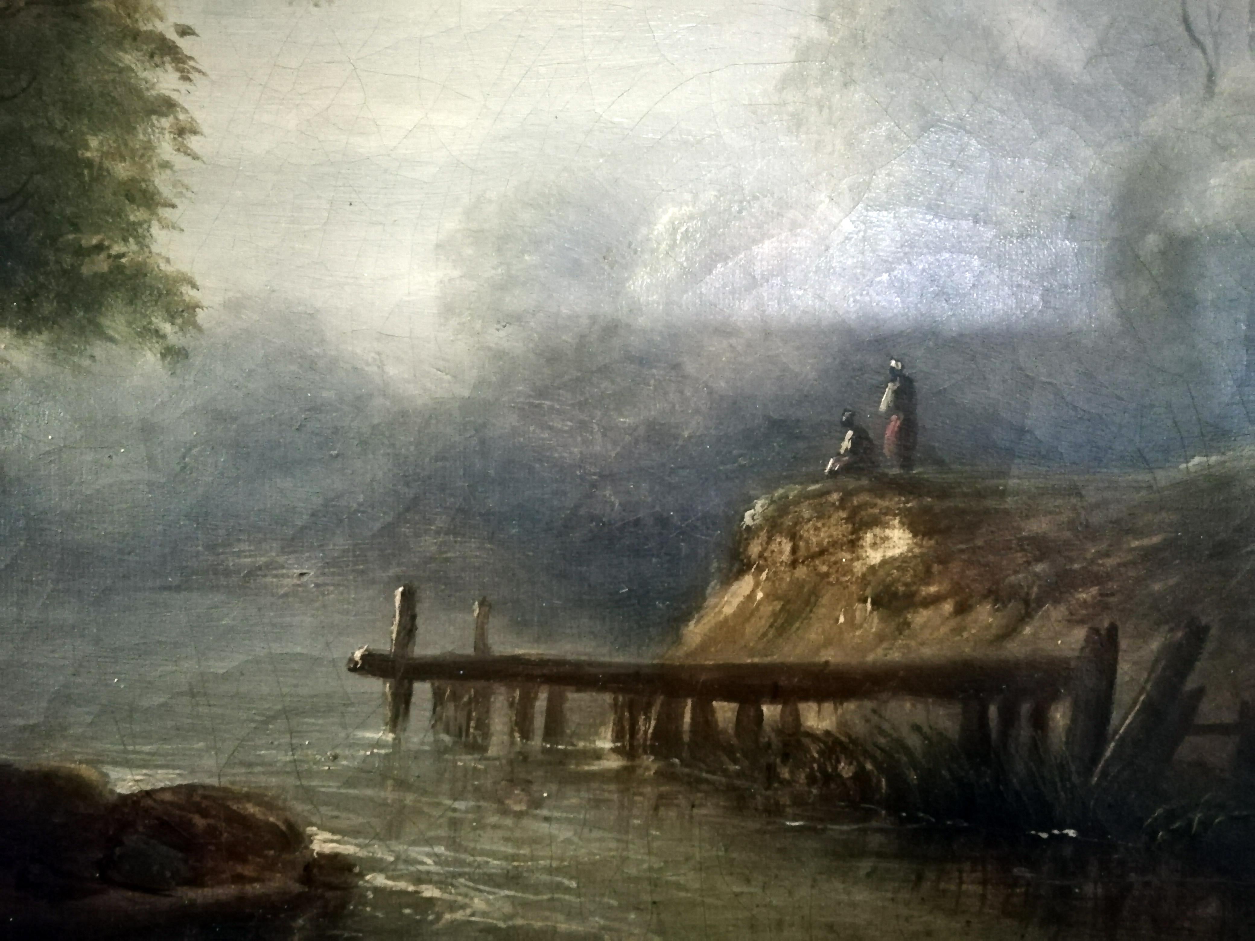 Ein schönes Öl auf Leinwand des französischen Künstlers Jean-Victor Bertin, das eine Landschaft mit Bäumen, Frauen, Bauern, einem Fluss und einem Holzsteg zeigt.

Öl auf Leinwand. Signiert unten links, um 1810. Mit antikem Rahmen.

Maße: 40.5 x