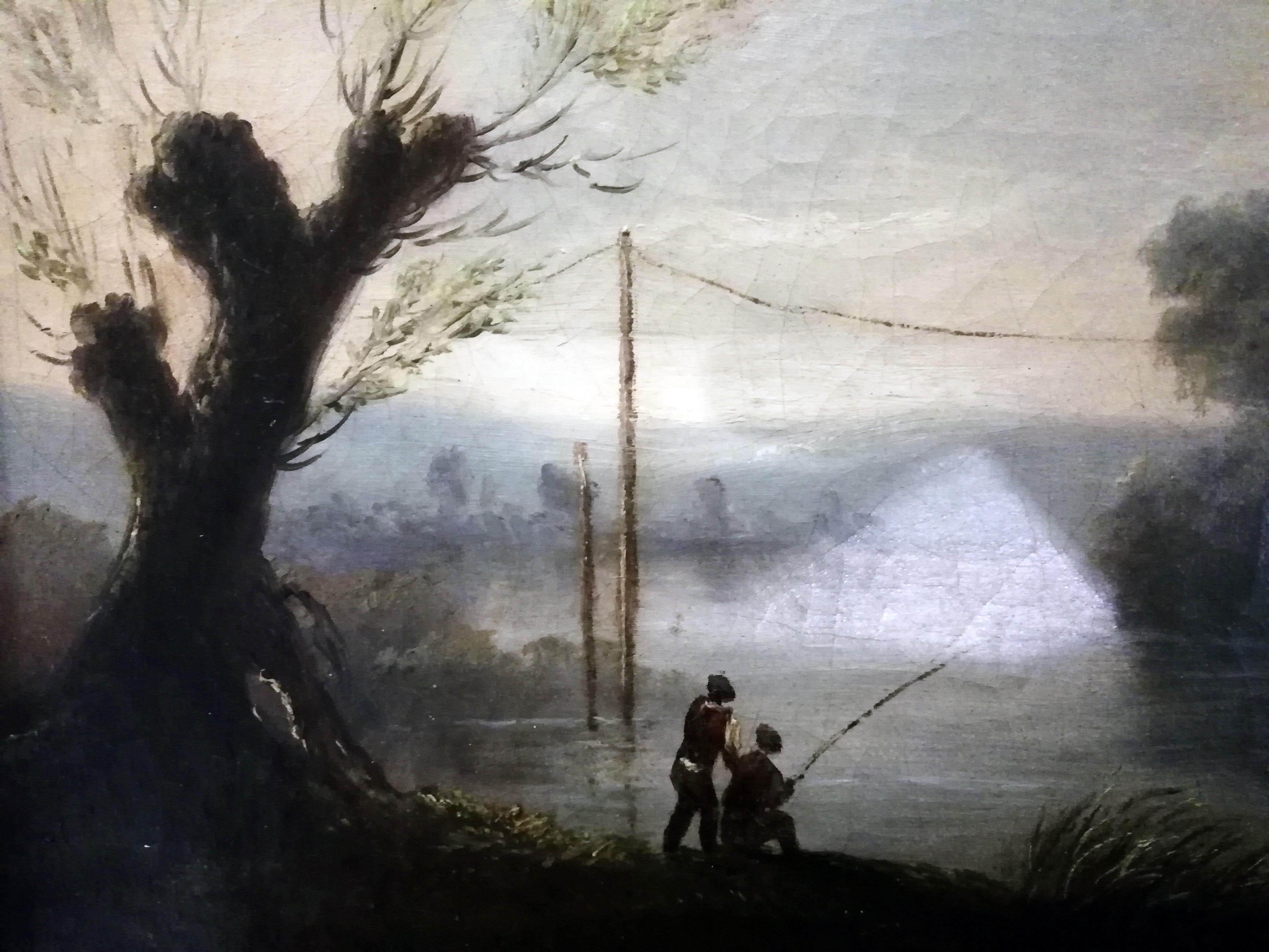 Ein schönes Öl auf Leinwand des französischen Künstlers Jean-Victor Bertin, das eine Landschaft mit einem Fluss, Fischern, einer Hütte, Bäumen, einem Holzsteg und einem Boot mit Damen und einem Hund zeigt.

Öl auf Leinwand. Signiert unten links,
