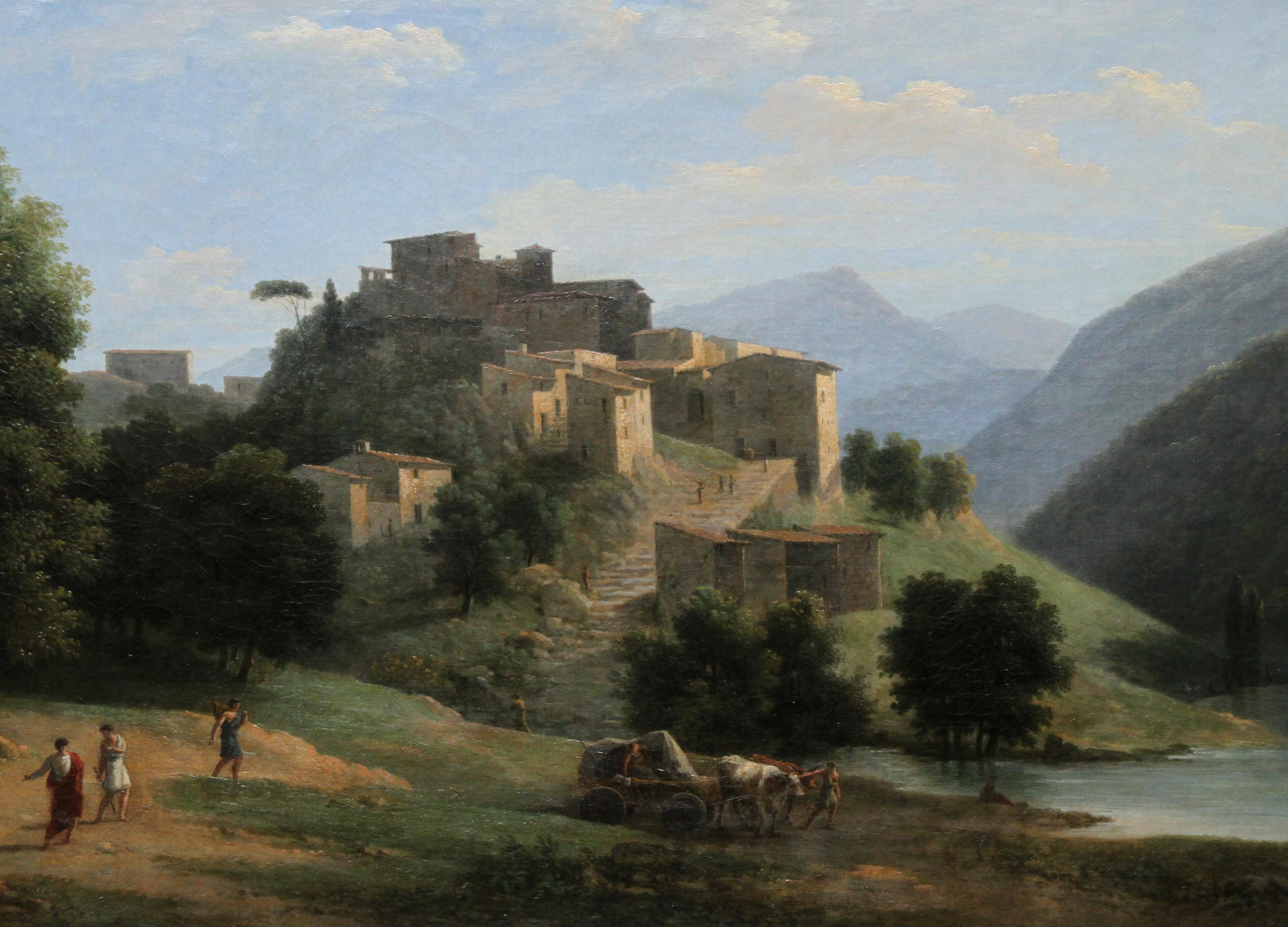 This stunning Neo Classical French 19th century landscape oil painting is by acclaimed French artist Jean Victor Bertin. He was also an early proponent of sketching out doors and direct observation in order to replicate nature later in studio