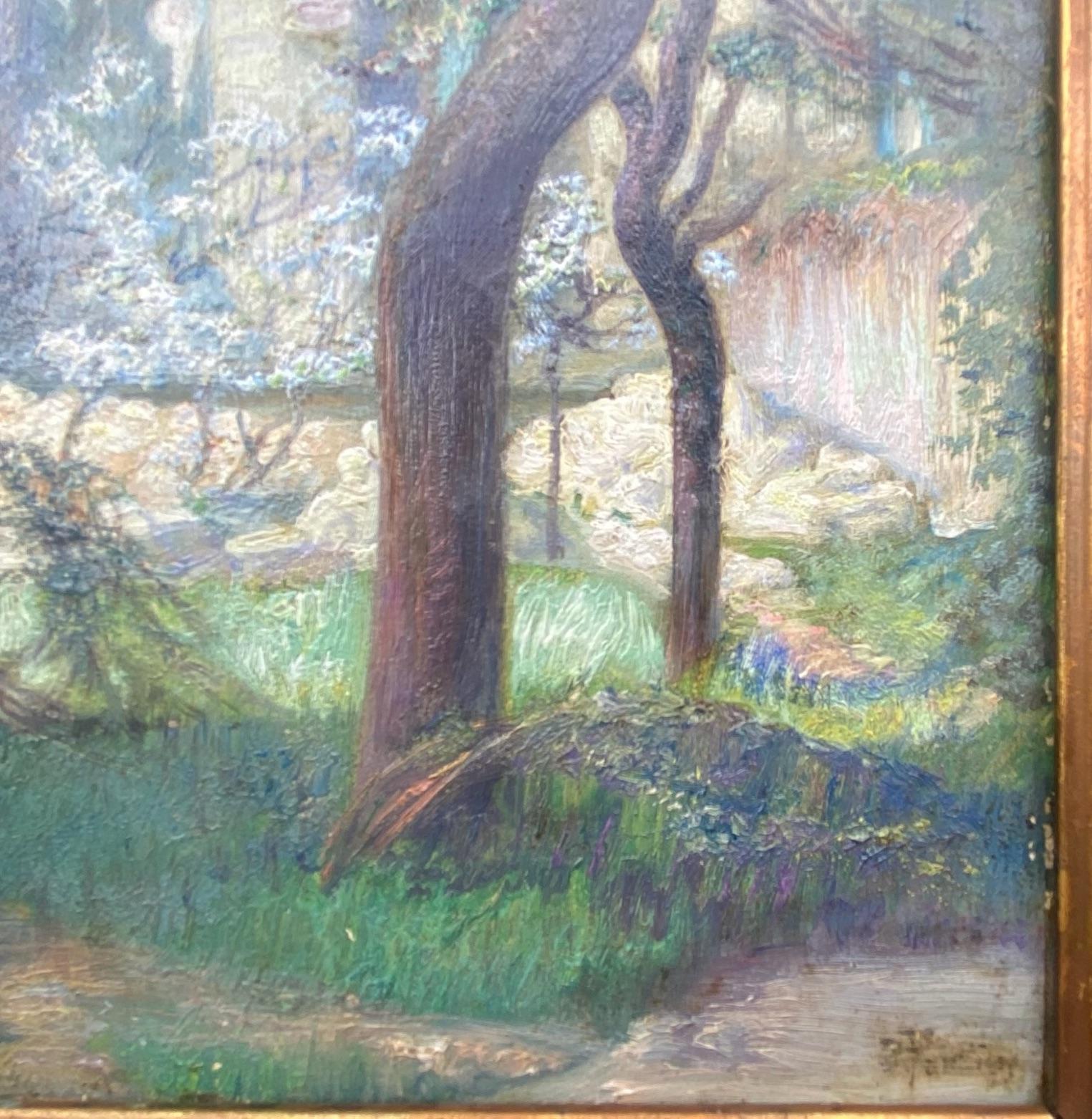 Symbolistische Erneuerung, Frühling nach Wa: Blühende Bäume in der Nähe einer verfallenen Abtei (Symbolismus), Painting, von Jean Victor Foussier