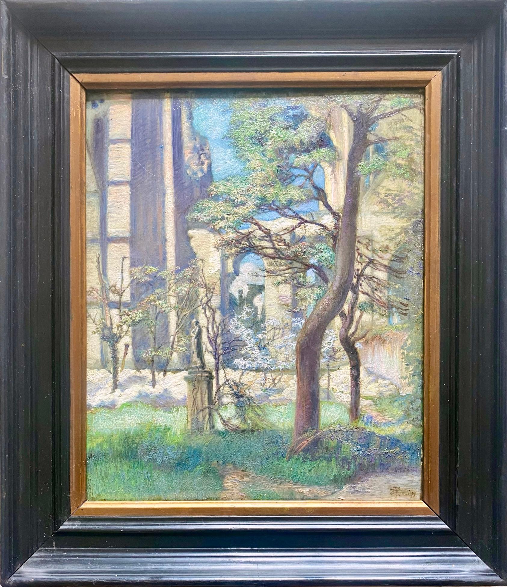 Jean Victor Foussier Figurative Painting – Symbolistische Erneuerung, Frühling nach Wa: Blühende Bäume in der Nähe einer verfallenen Abtei