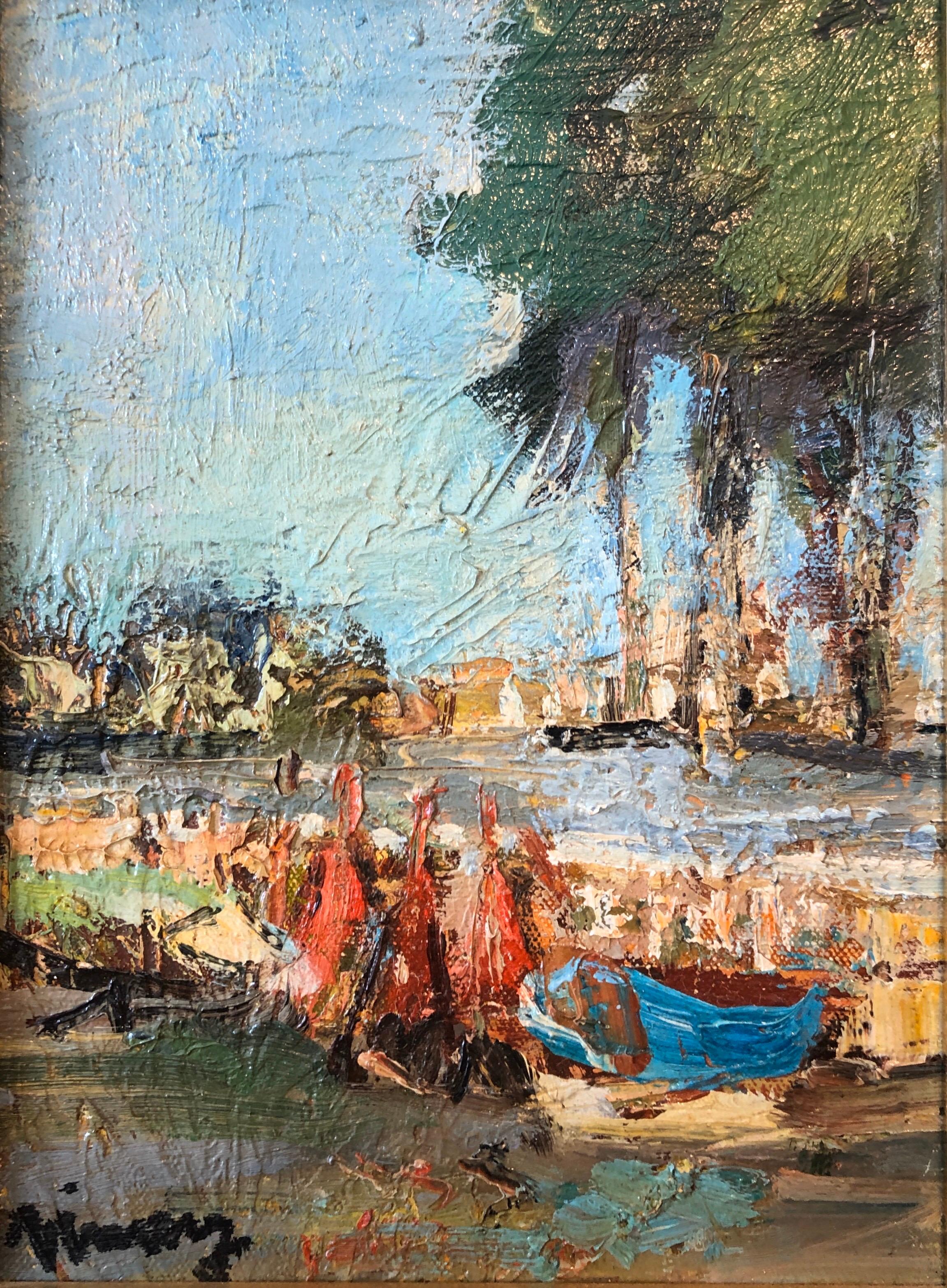 Pintura al óleo expresionista francesa Escuela de París Barcos en la Riviera francesa - Painting de Jean VINAY