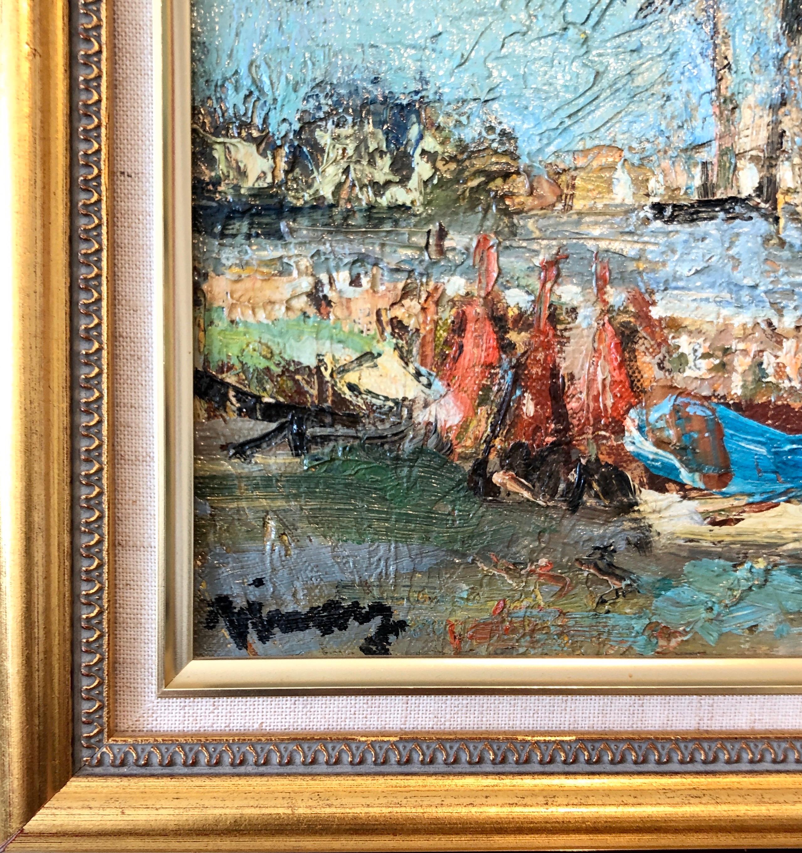 Pintura al óleo expresionista francesa Escuela de París Barcos en la Riviera francesa - Painting Expresionista de Jean VINAY
