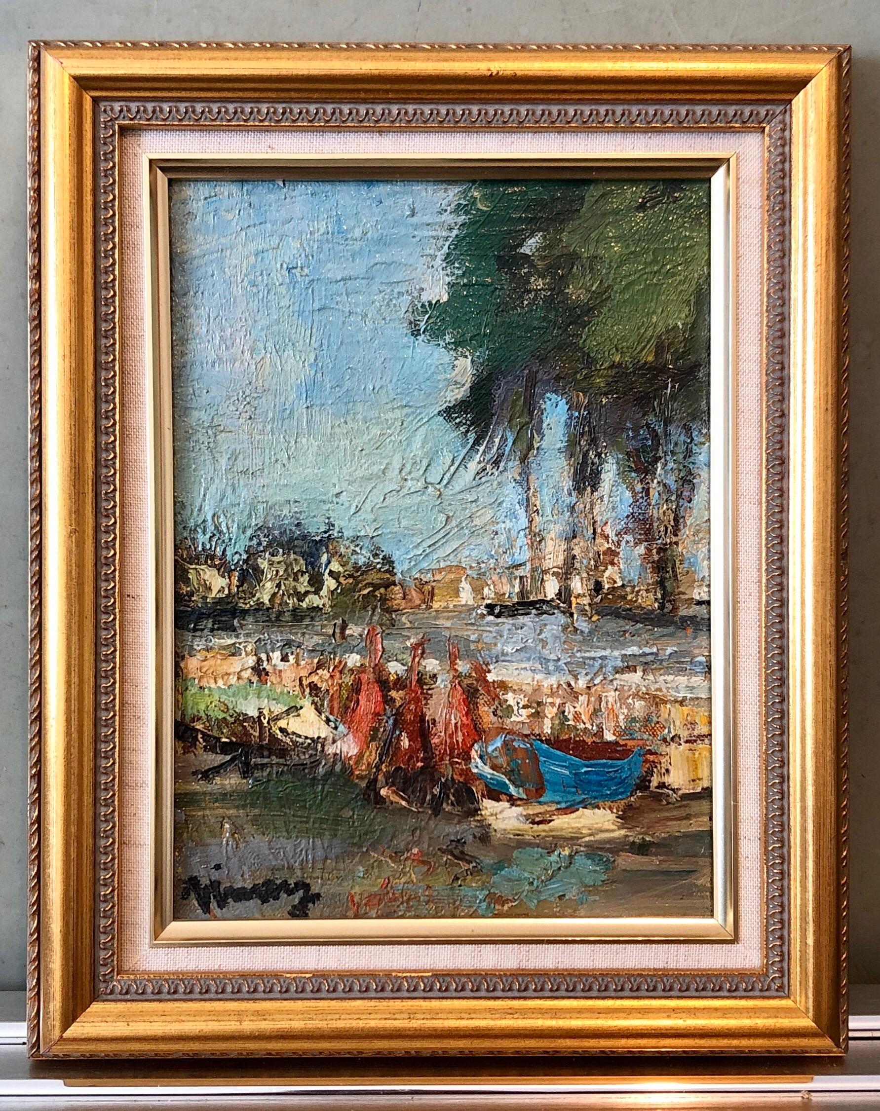 Pintura al óleo expresionista francesa Escuela de París Barcos en la Riviera francesa - Landscape Painting Marrón de Jean VINAY