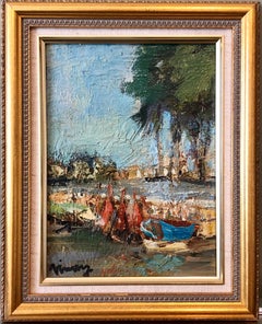 Peinture à l'huile de l'École expressionniste française de Paris représentant des bateaux de la Côte d'Azur