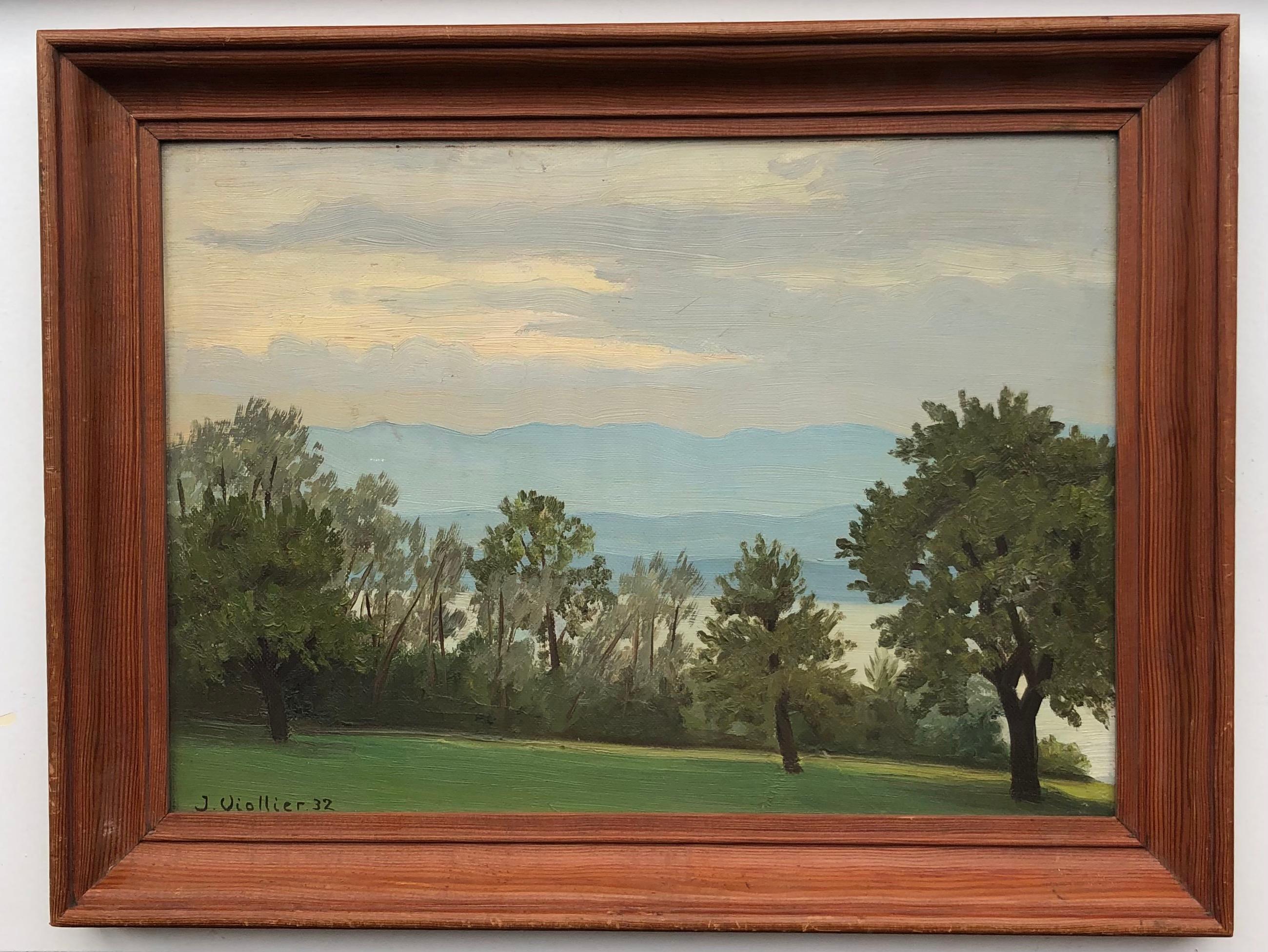 From Cologny with a view of the Jura - Painting by Jean Viollier