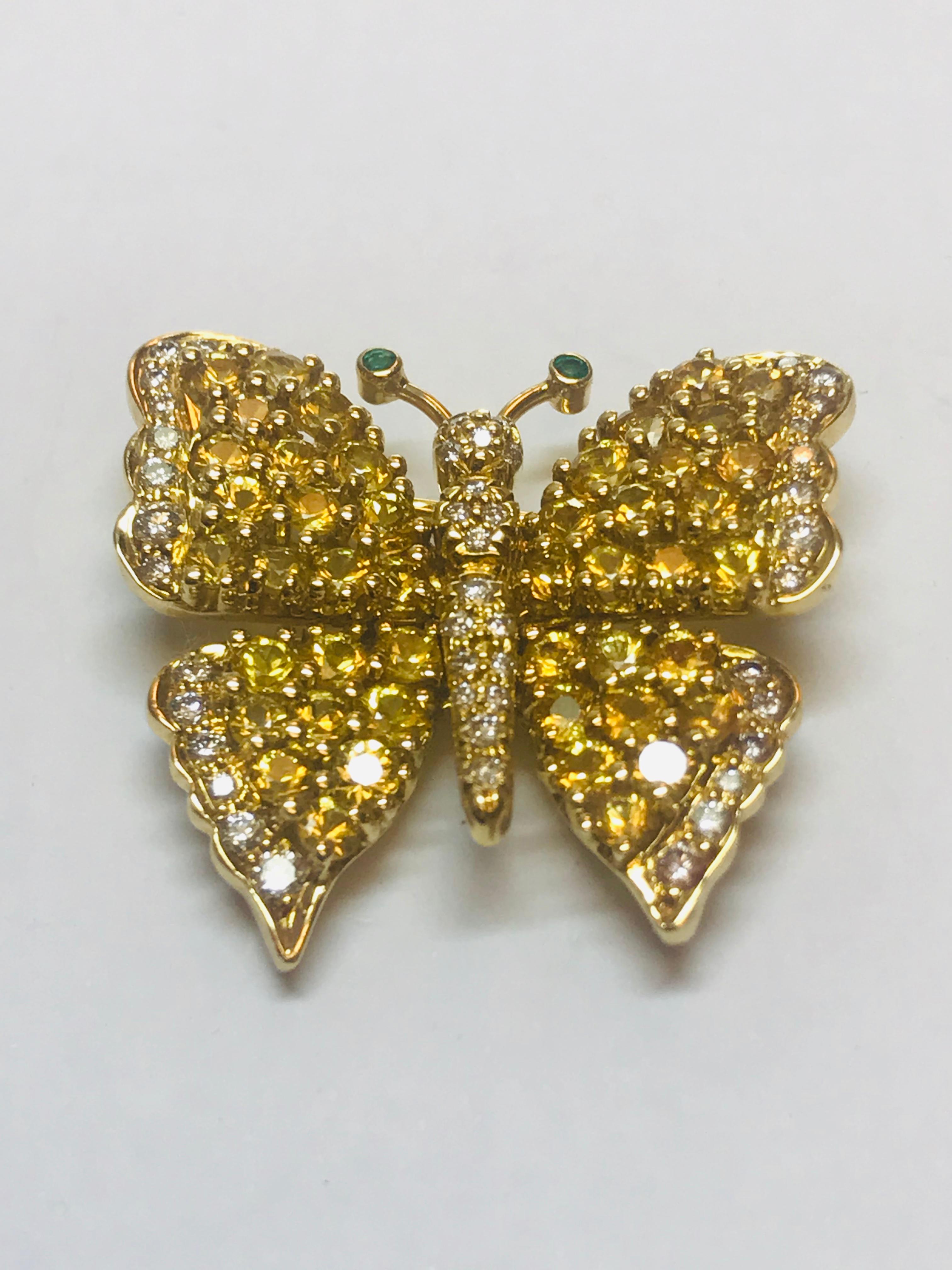 Modern Jean Vitau 18 K Yellow Sapphire & Diamond Butterfly brooch with Emerald antennae For Sale