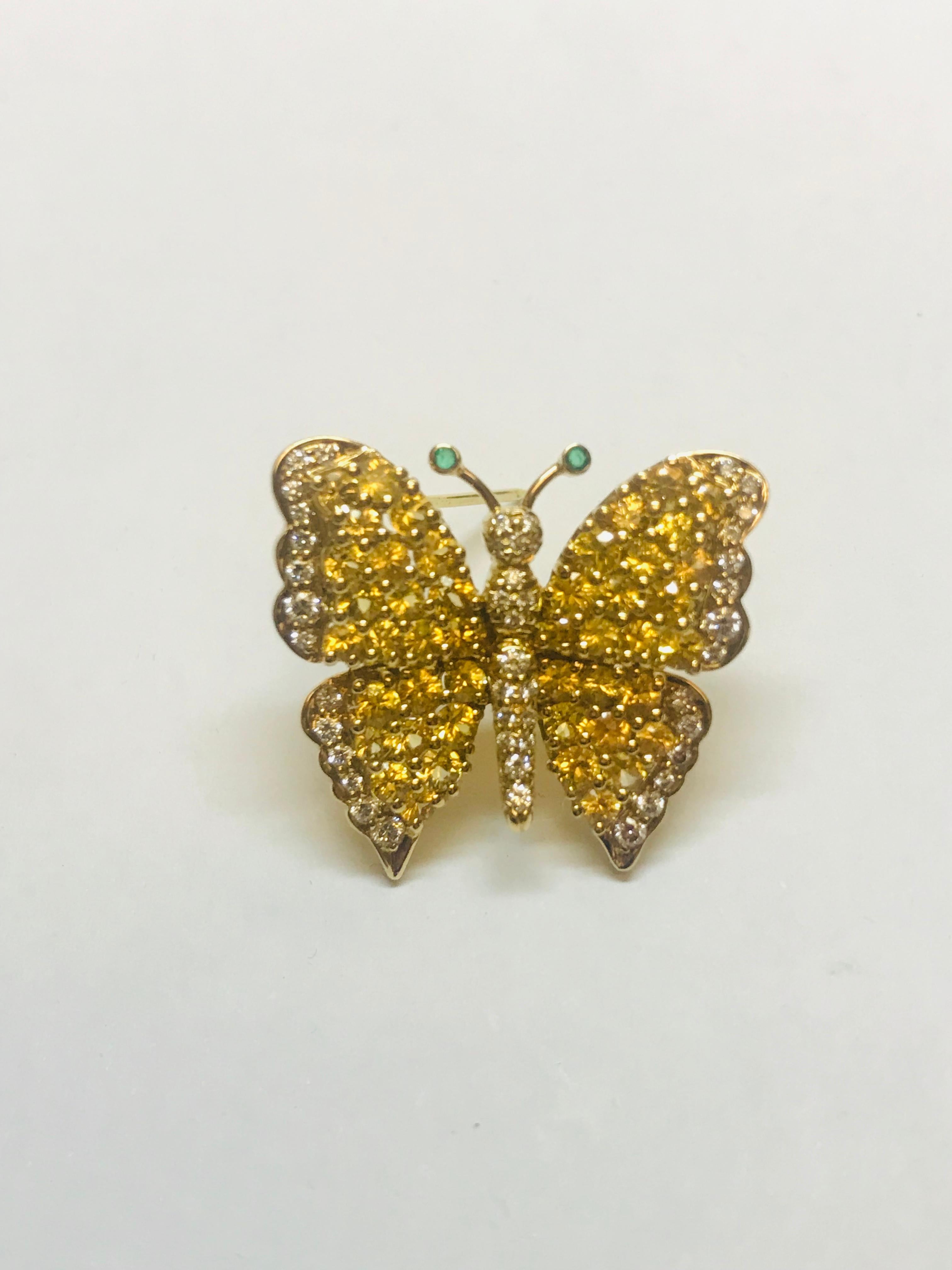 Jean Vitau 18 K Yellow Sapphire & Diamond Butterfly brooch with Emerald antennae In New Condition For Sale In New York, NY