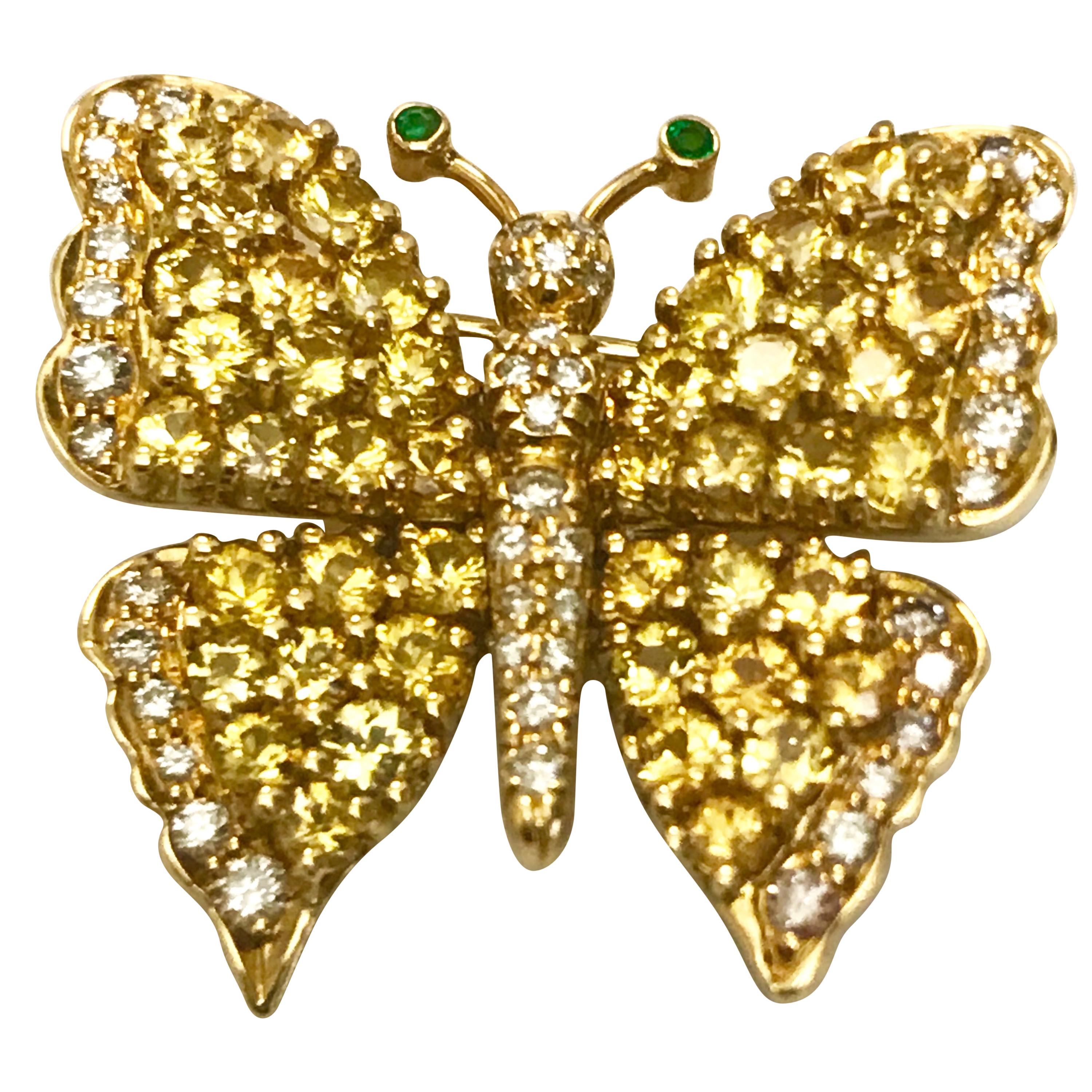 Jean Vitau 18 K Yellow Sapphire & Diamond Butterfly brooch with Emerald antennae For Sale