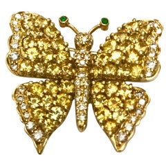 Jean Vitau 18 K Yellow Sapphire & Diamond Butterfly brooch with Emerald antennae