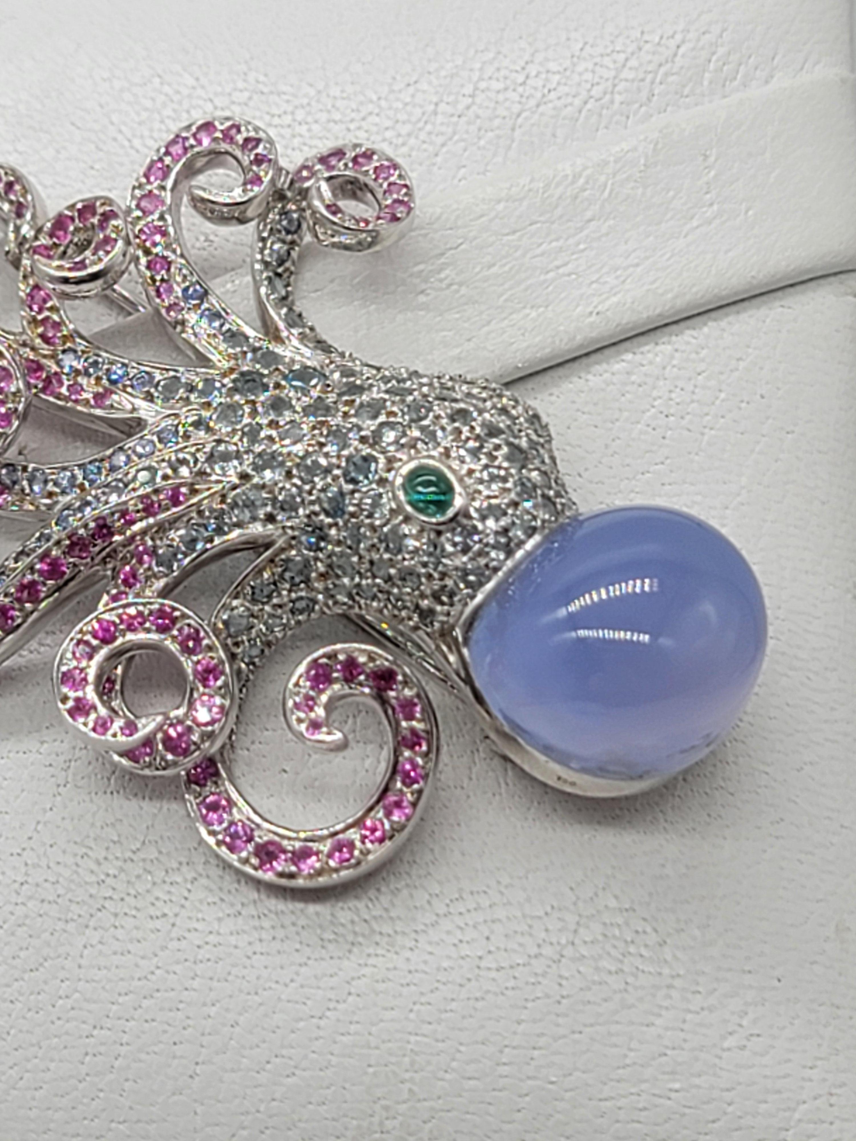 Women's or Men's Jean Vitau 18 Karat Aquamarine, Pink Sapphire and Chalcedony Octopus Brooch For Sale