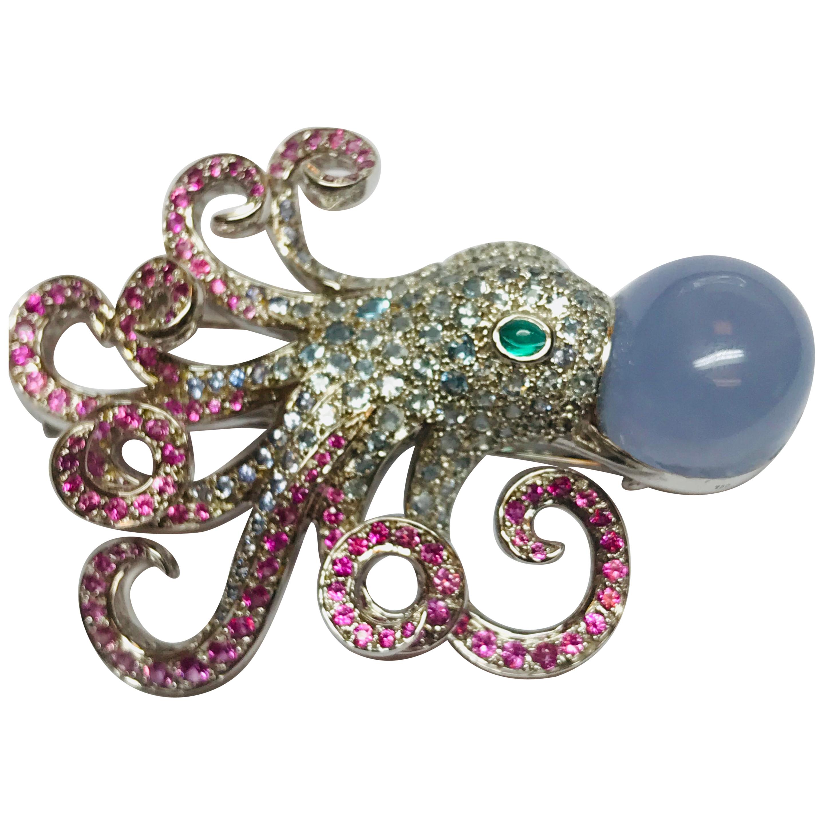 Jean Vitau 18 Karat Aquamarine, Pink Sapphire and Chalcedony Octopus Brooch For Sale