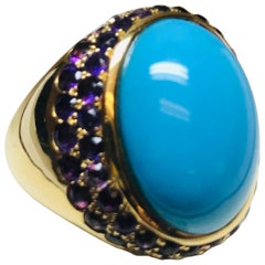 Jean Vitau 18 Karat Cabochon Turquoise and Amethyst Bold Fashion Ring