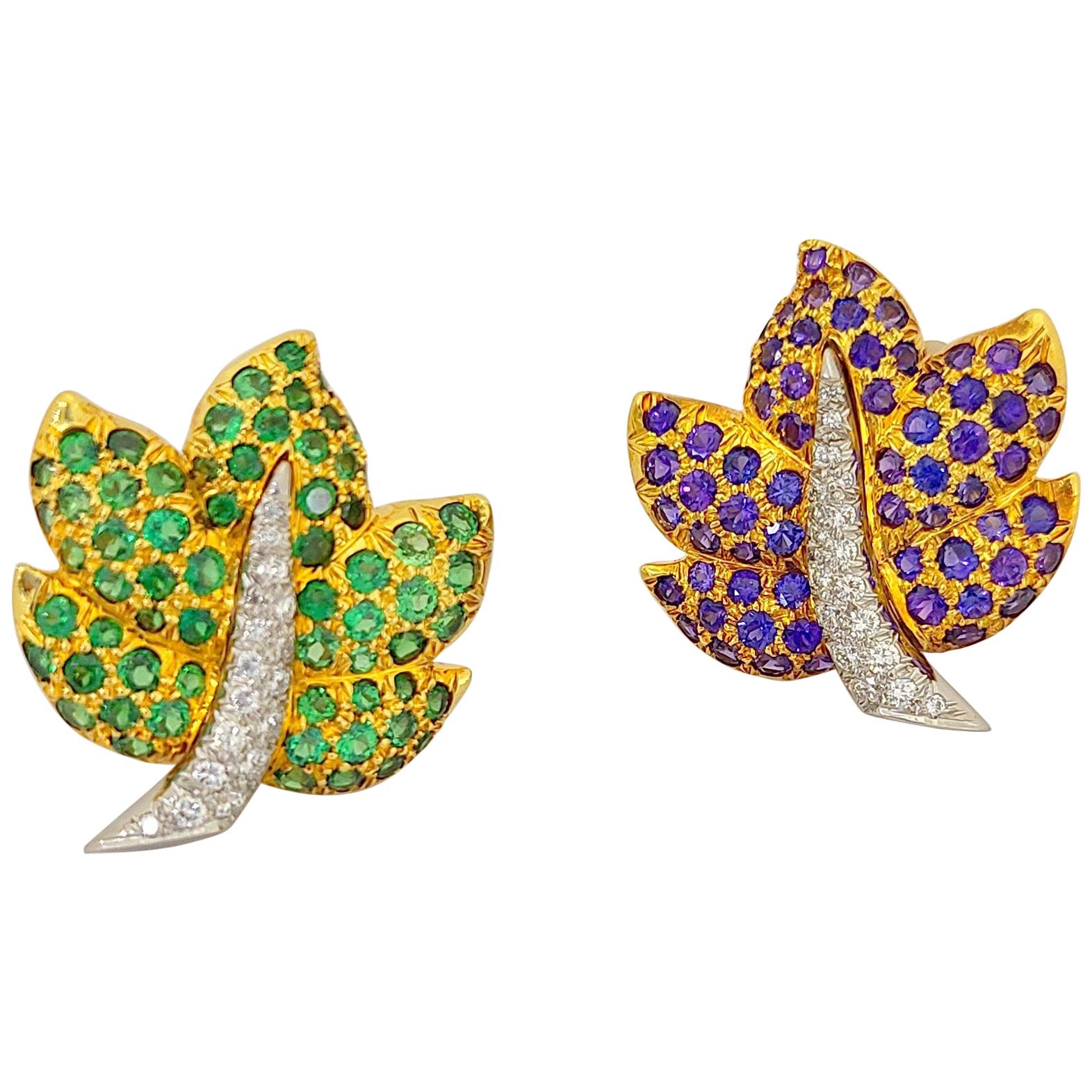 Jean Vitau 18 Karat Gold Lavender Sapphire, Tsavorite and Diamond Leaf Earrings For Sale