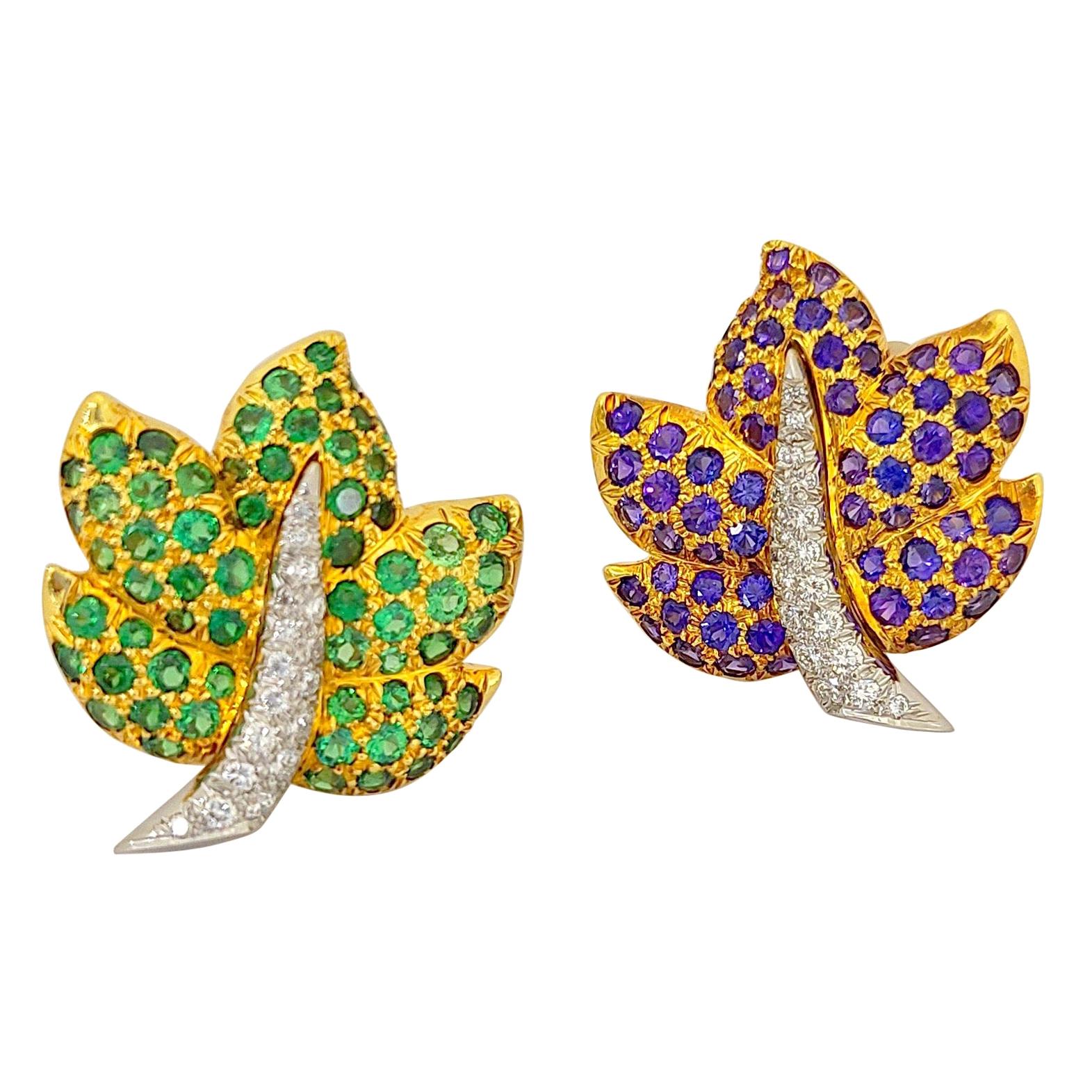 Jean Vitau 18 Karat Gold Lavender Sapphire, Tsavorite and Diamond Leaf Earrings For Sale