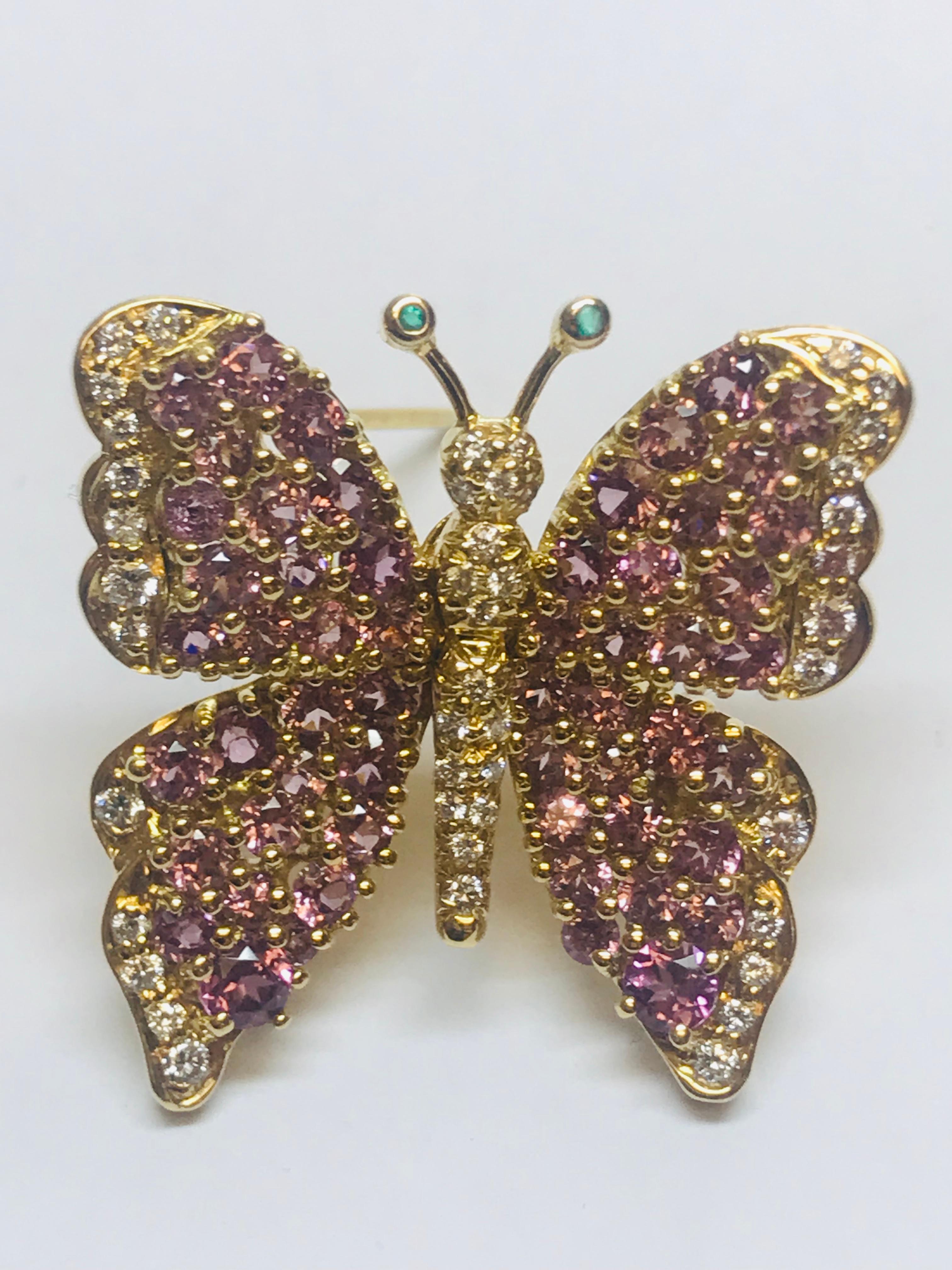 Brilliant Cut Jean Vitau 18 Karat Pink Garnet & Diamond Butterfly Brooch with Emerald Antennae For Sale
