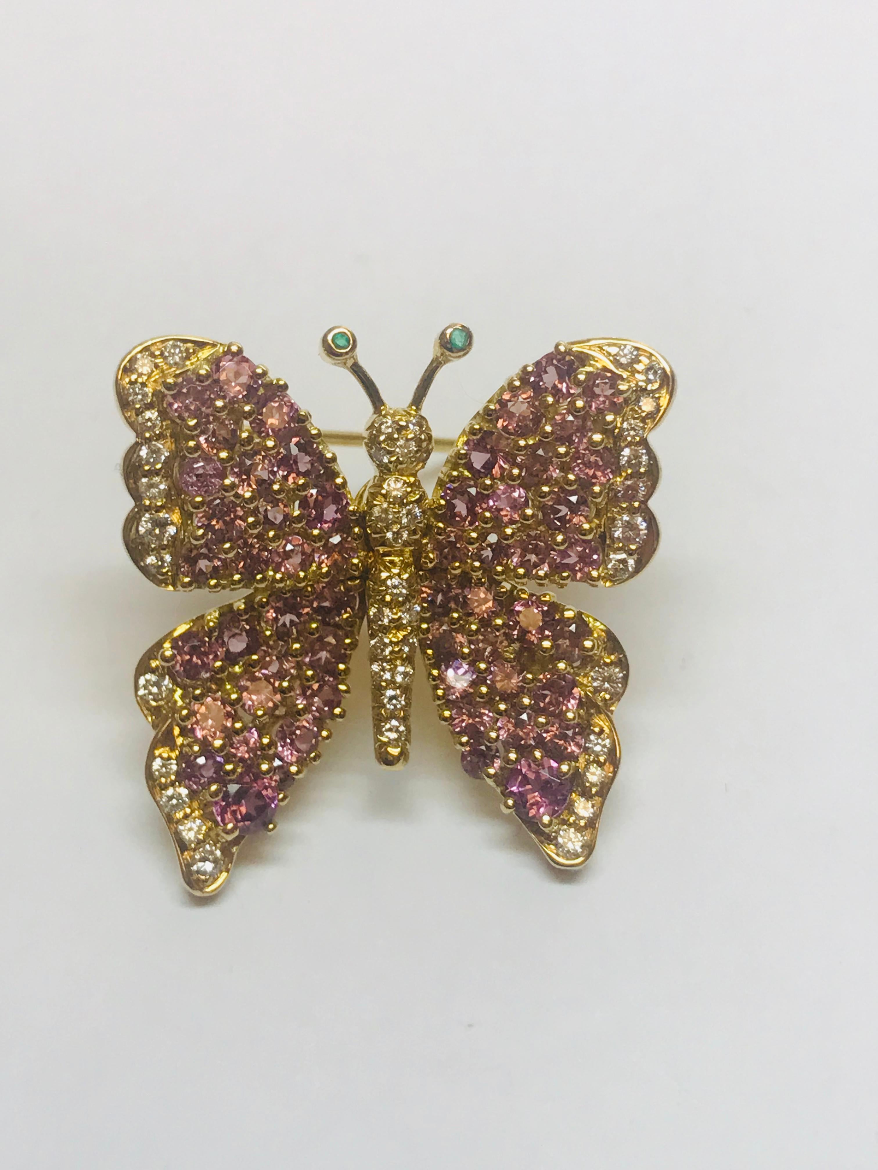 Jean Vitau 18 Karat Pink Garnet & Diamond Butterfly Brooch with Emerald Antennae In New Condition For Sale In New York, NY