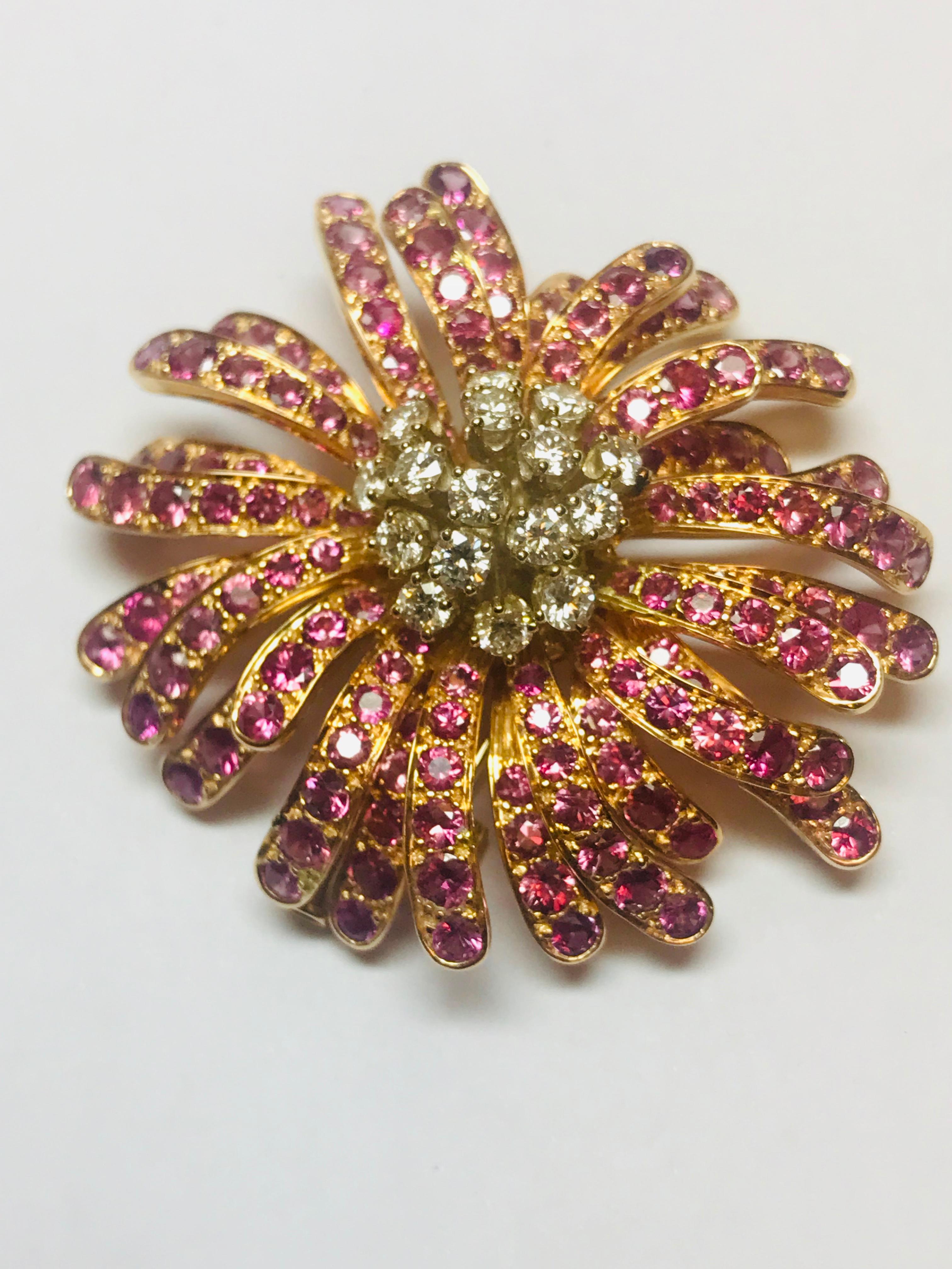 Jean Vitau 18 Karat Rose Gold Wine Sapphire Chrysanthemum Brooch /Pearl Enhancer For Sale 7