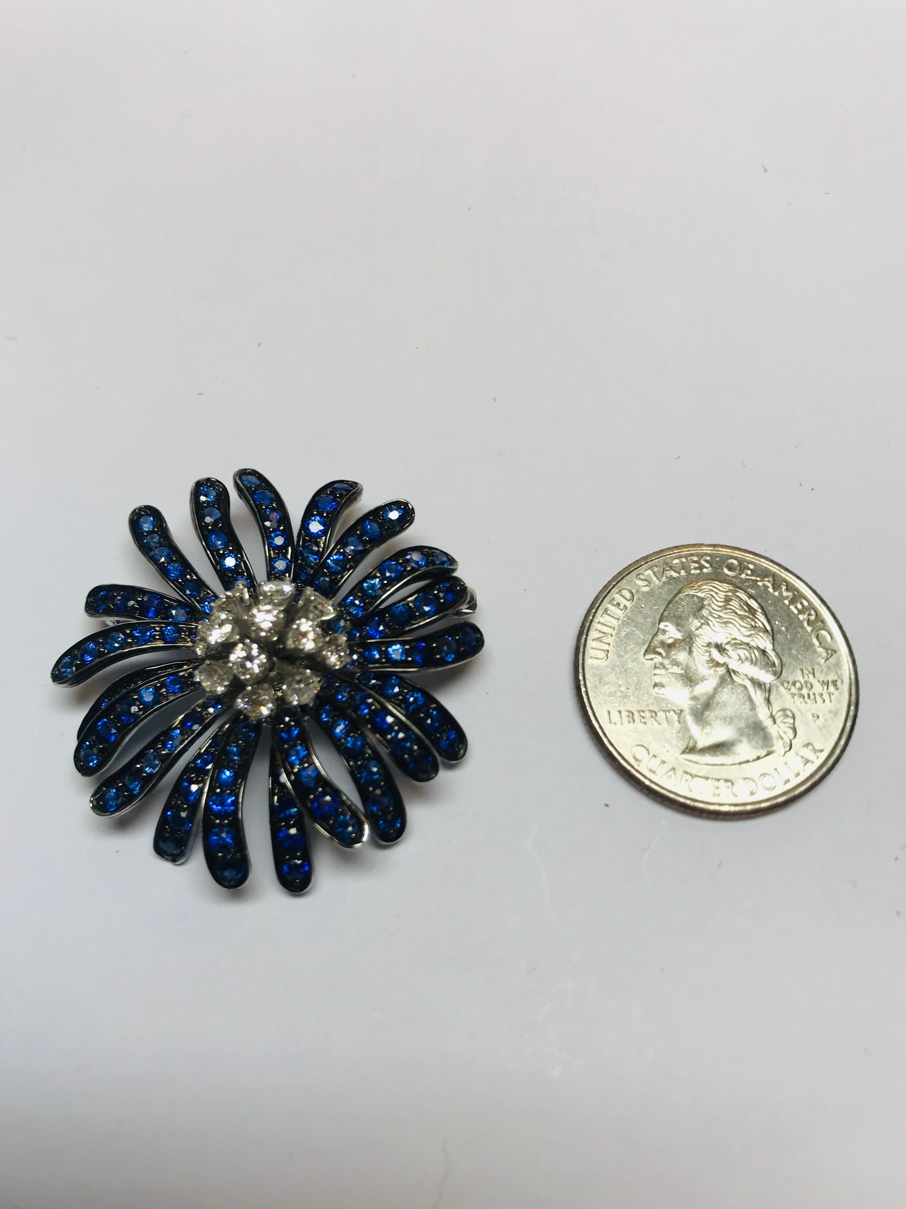 Jean Vitau 18 Karat White Gold Blue Sapphire and Diamond Flower Brooch In New Condition For Sale In New York, NY