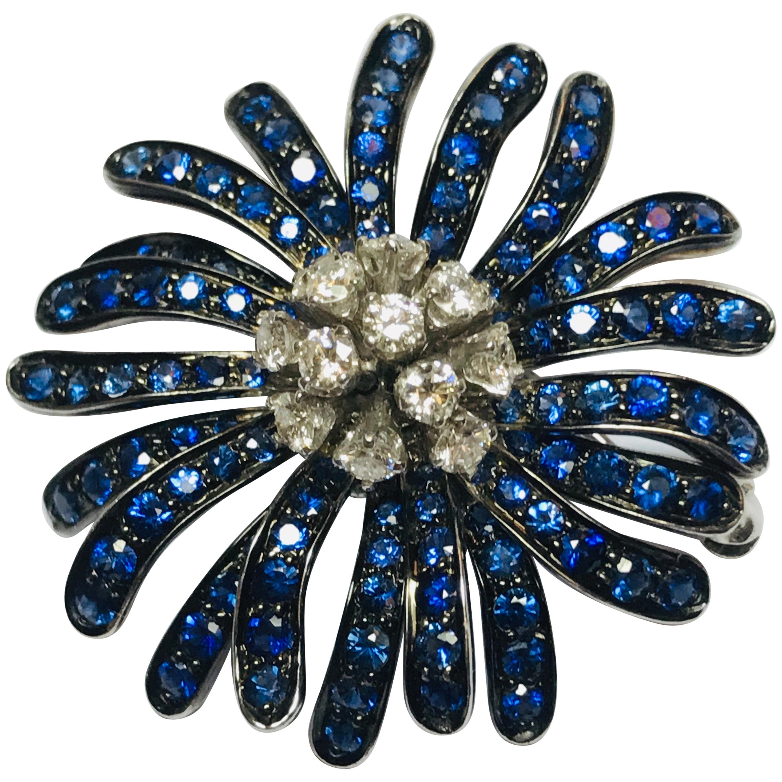 Jean Vitau 18 Karat White Gold Blue Sapphire and Diamond Flower Brooch For Sale