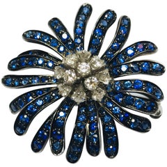 Jean Vitau 18 Karat White Gold Blue Sapphire and Diamond Flower Brooch