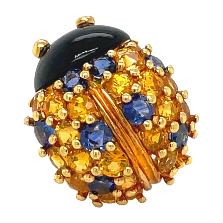 Jean Vitau 18 Karat Yellow Gold Ladybug Brooch with Blue and Yellow Sapphires For Sale