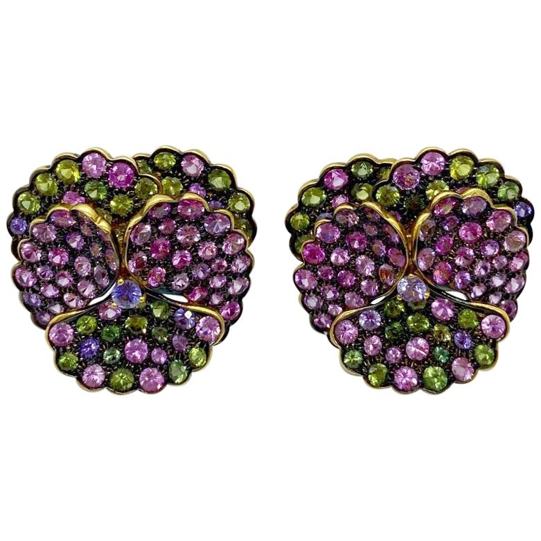 Jean Vitau 18 Karat Yellow Gold Pansy Earrings with 13 Carat of Sapphires For Sale
