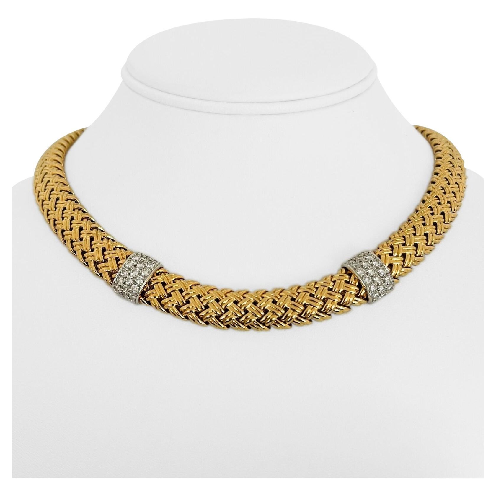 Jean Vitau 18 Karat Yellow Gold Platinum & Diamond Heavy Basketweave Necklace