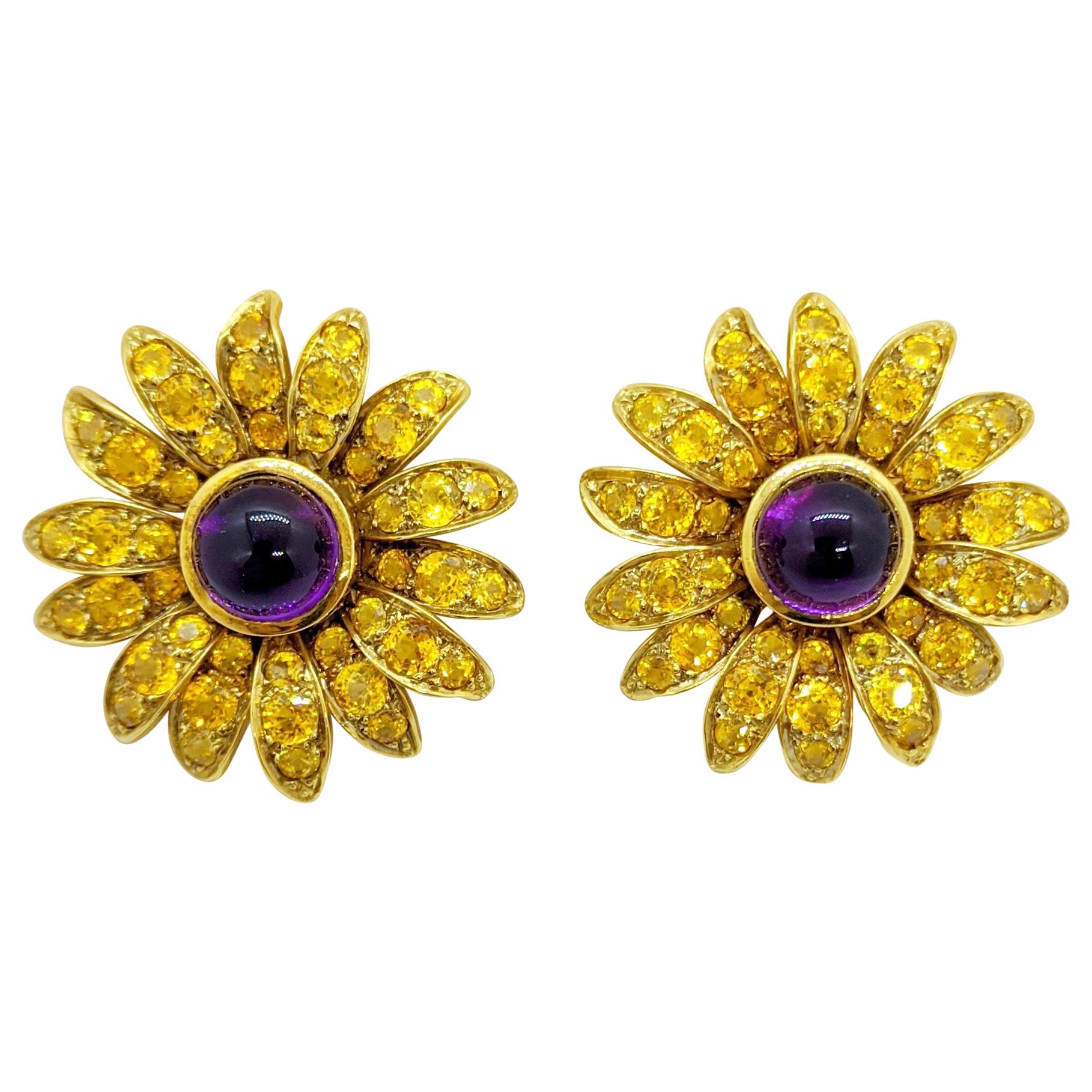 Jean Vitau 18 Karat Yellow Gold Sunflower Earrings Yellow Sapphires and Amethyst For Sale