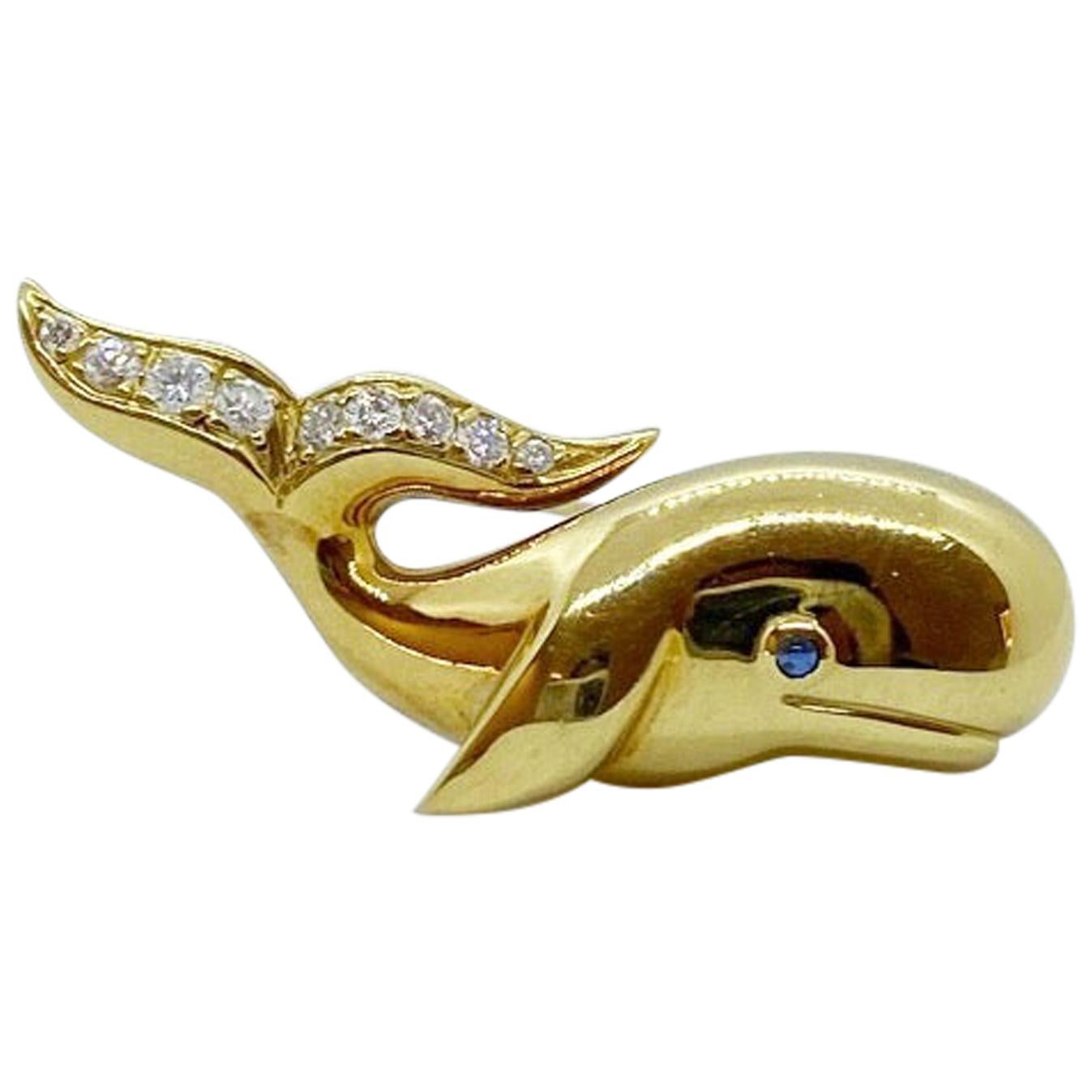 Jean Vitau 18 Karat Yellow Gold Whale Brooch with .23 Carat Diamond Tail