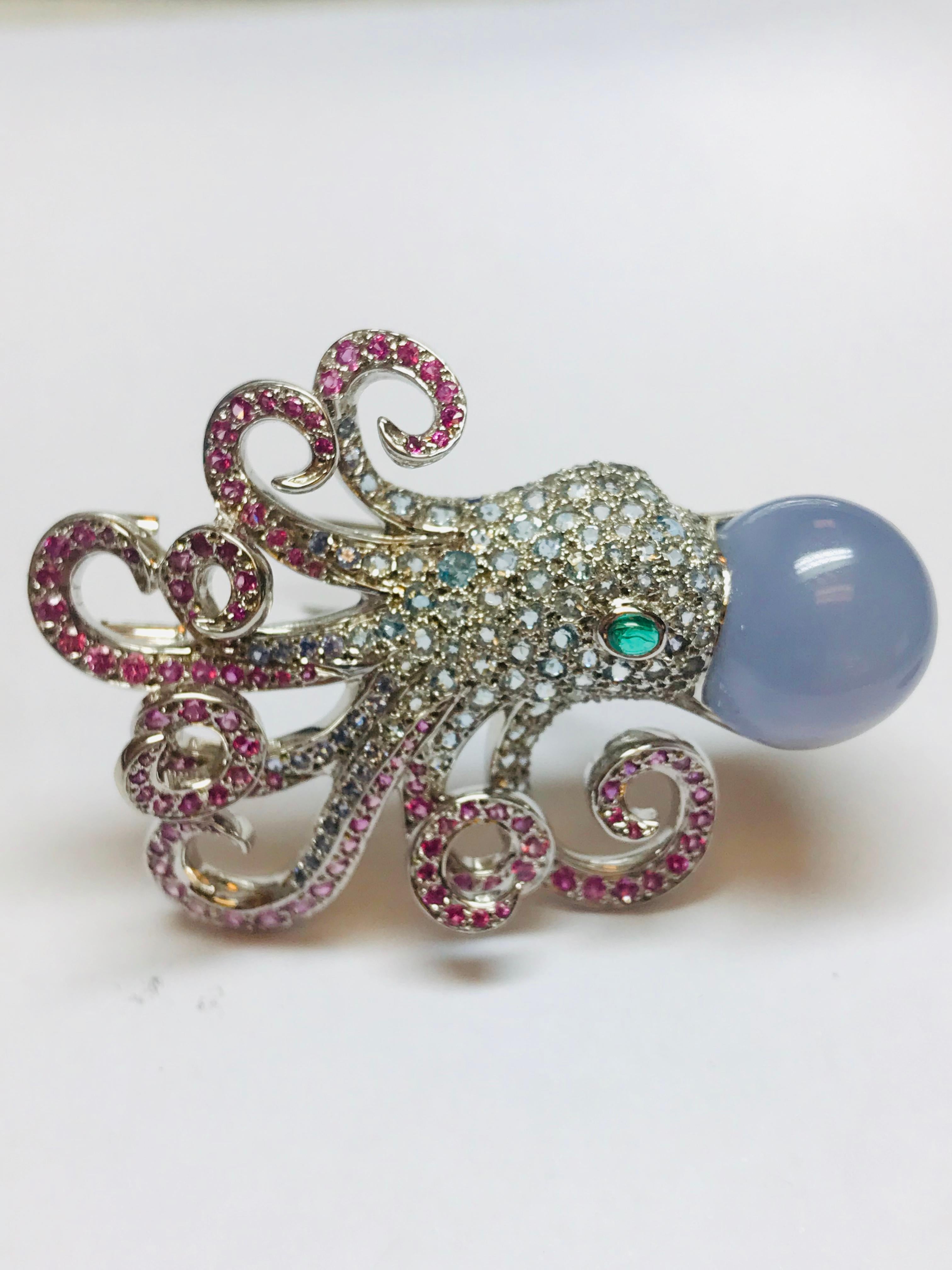 Modern Jean Vitau 18 Karat Aquamarine, Pink Sapphire and Chalcedony Octopus Brooch For Sale