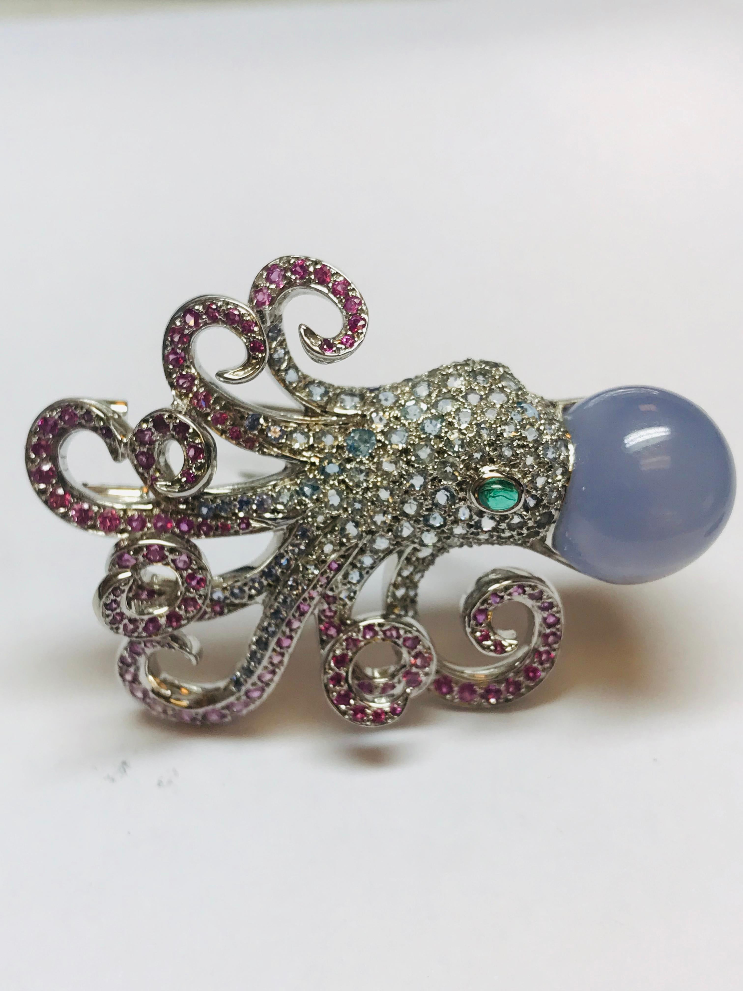 Brilliant Cut Jean Vitau 18 Karat Aquamarine, Pink Sapphire and Chalcedony Octopus Brooch For Sale