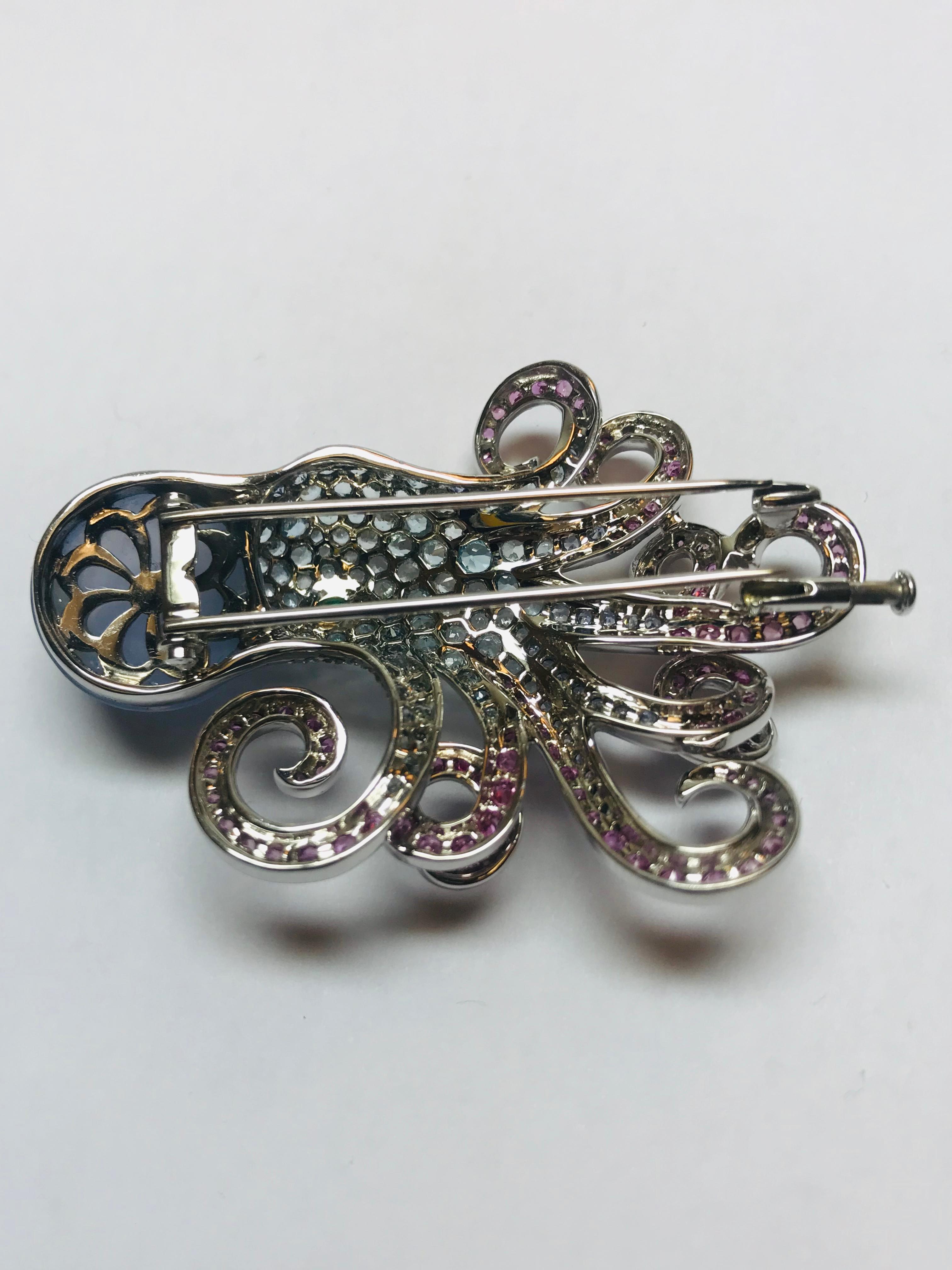 Jean Vitau 18 Karat Aquamarine, Pink Sapphire and Chalcedony Octopus Brooch In New Condition For Sale In New York, NY