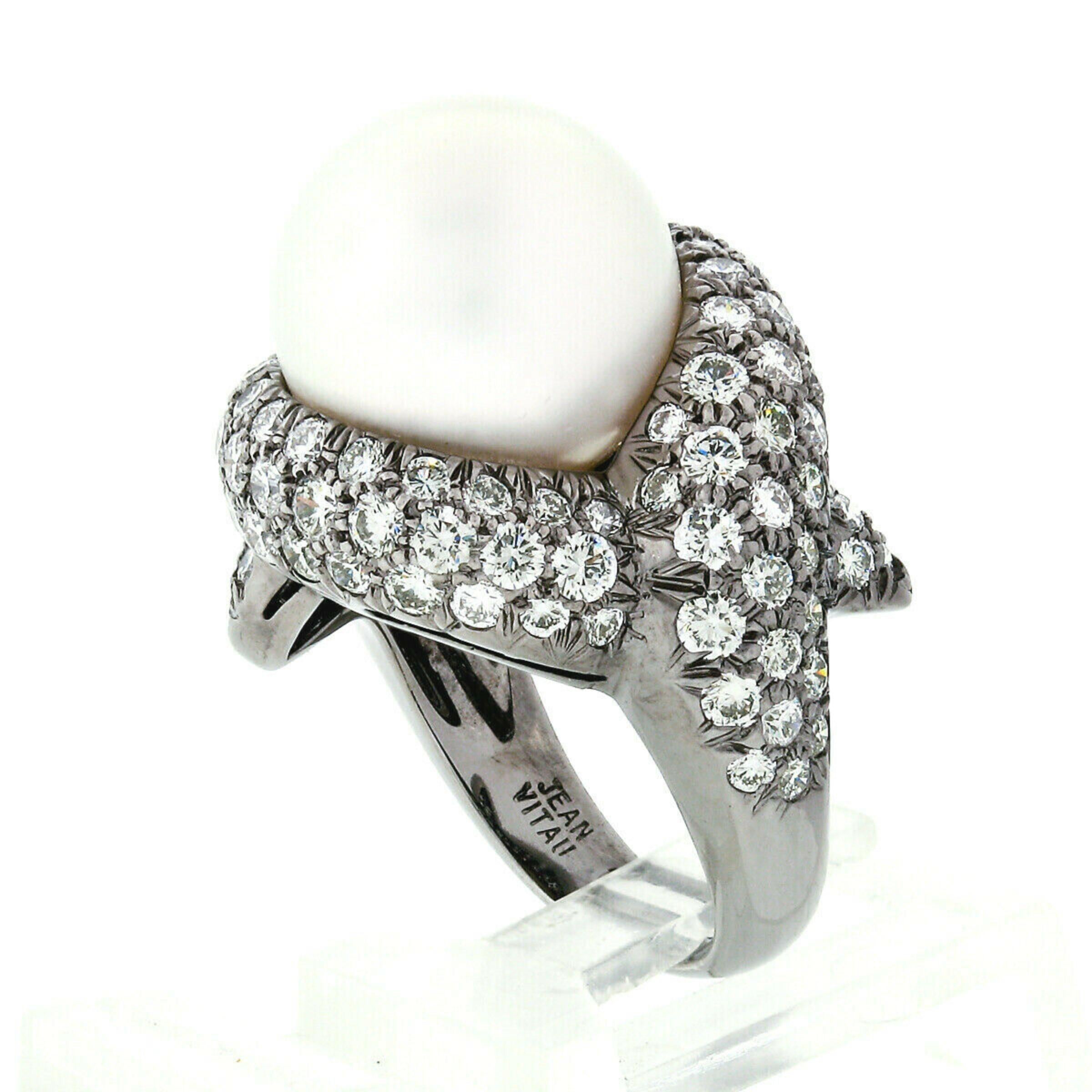 Women's Jean Vitau 18k Black Gold Round Pearl & Diamond Bypass Statement Ring For Sale