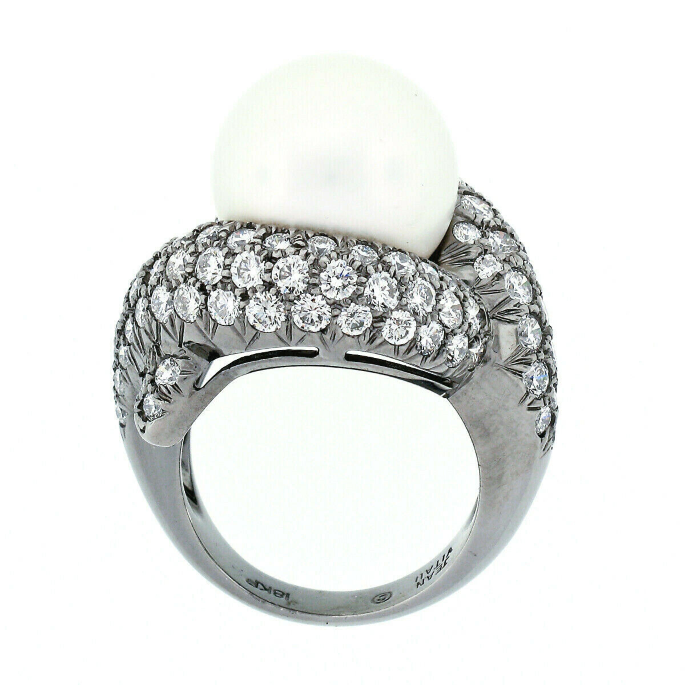Jean Vitau 18k Black Gold Round Pearl & Diamond Bypass Statement Ring For Sale 1