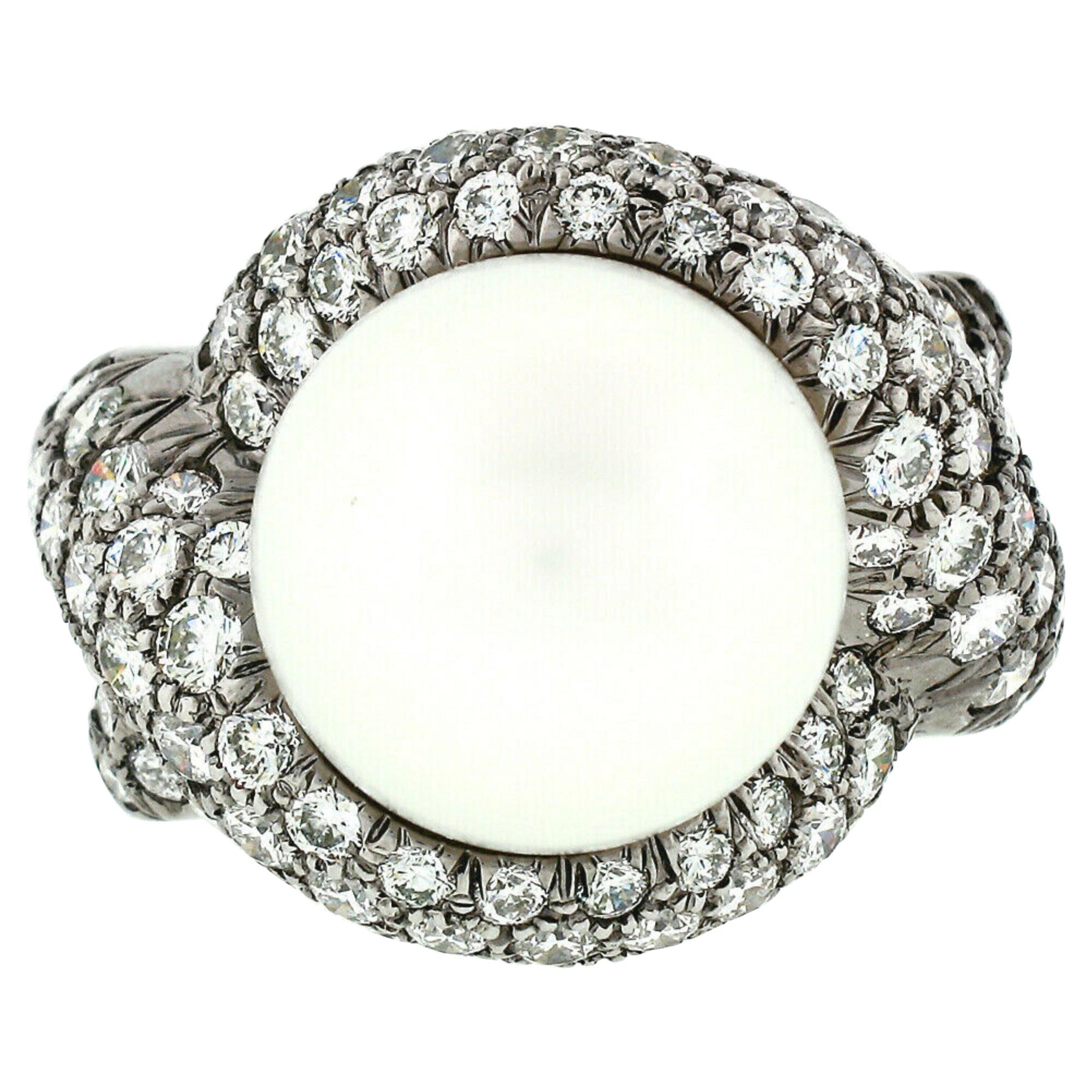 Jean Vitau 18k Black Gold Round Pearl & Diamond Bypass Statement Ring For Sale