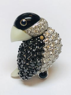 Jean Vitau 18k Black & White Diamond Tropical Bird brooch w/ White Coral, Bl Onyx