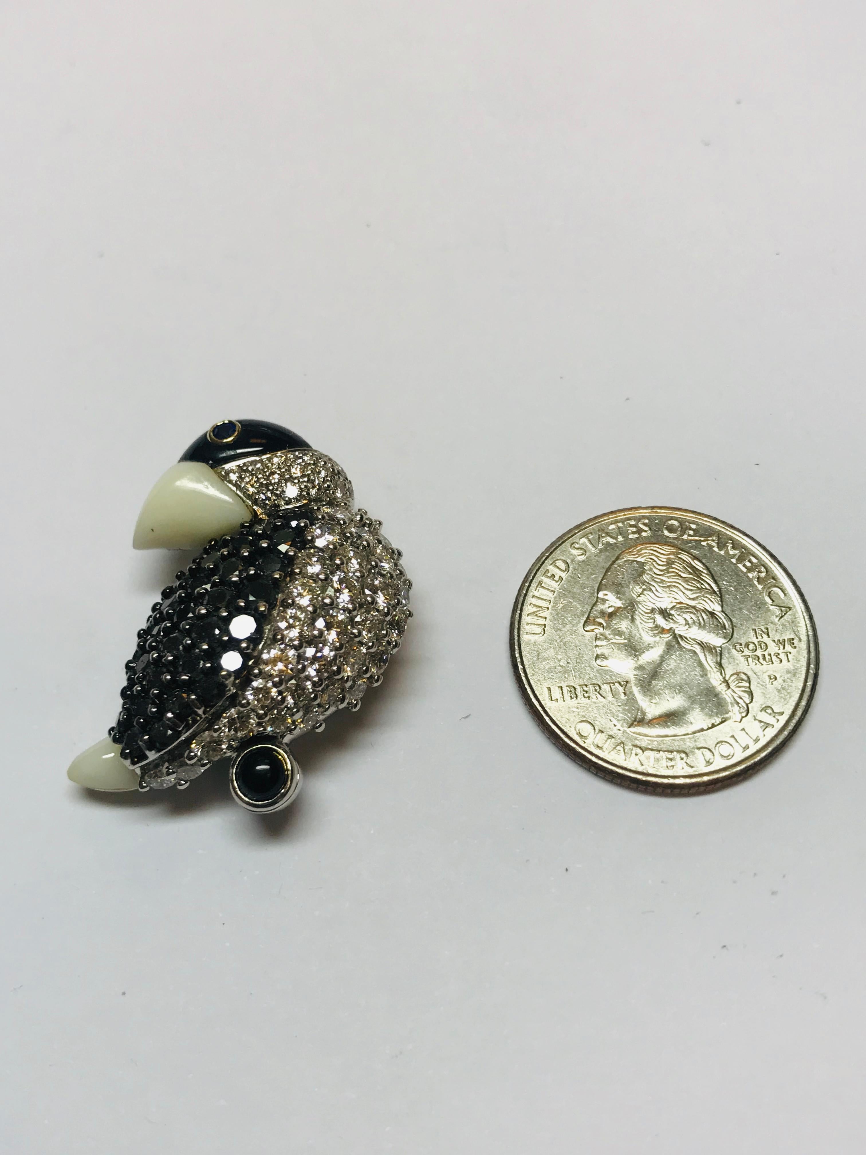 Modern Jean Vitau 18k Black & White Diamond Tropical Bird brooch w/ White Coral, Bl Onyx For Sale