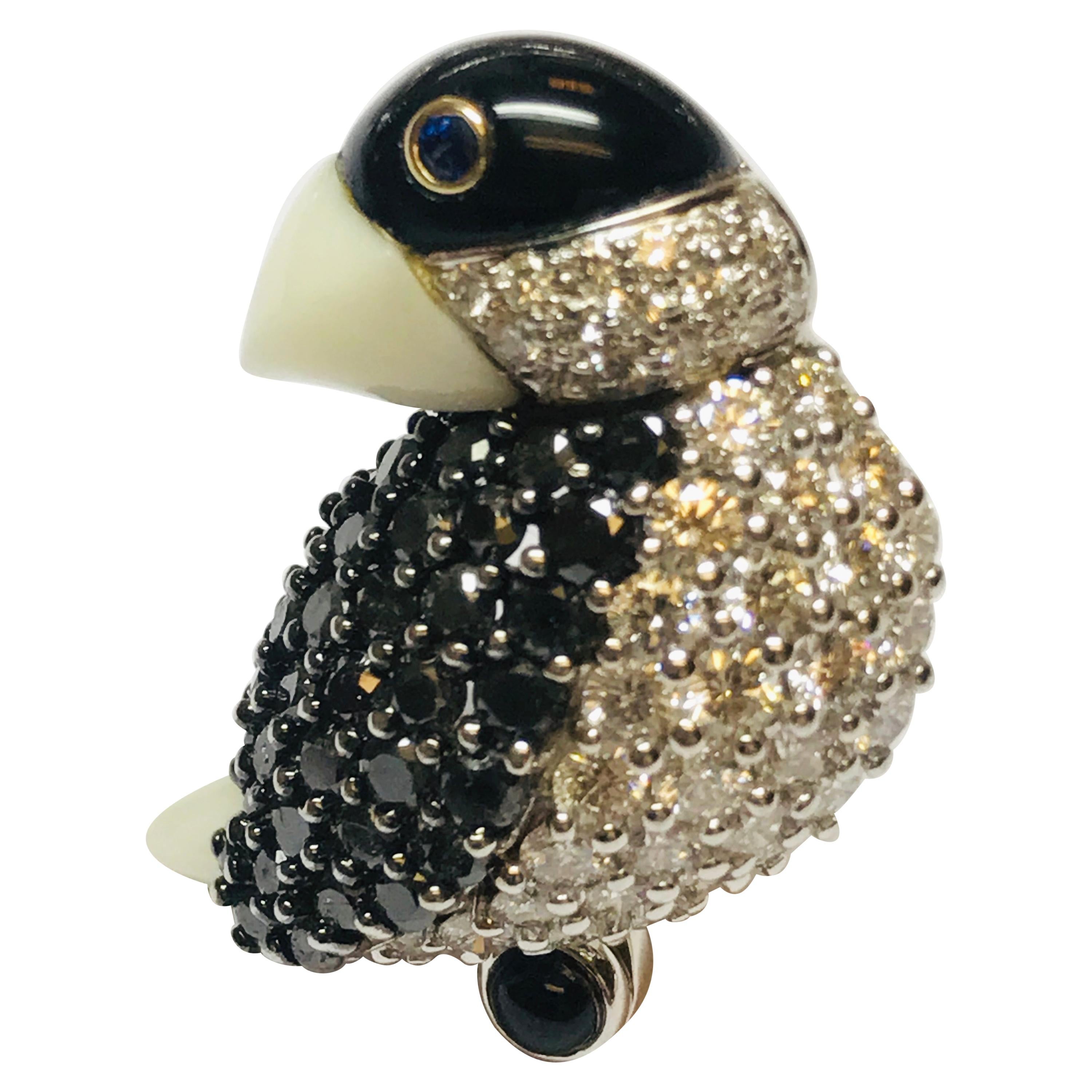 Jean Vitau 18k Black & White Diamond Tropical Bird brooch w/ White Coral, Bl Onyx For Sale
