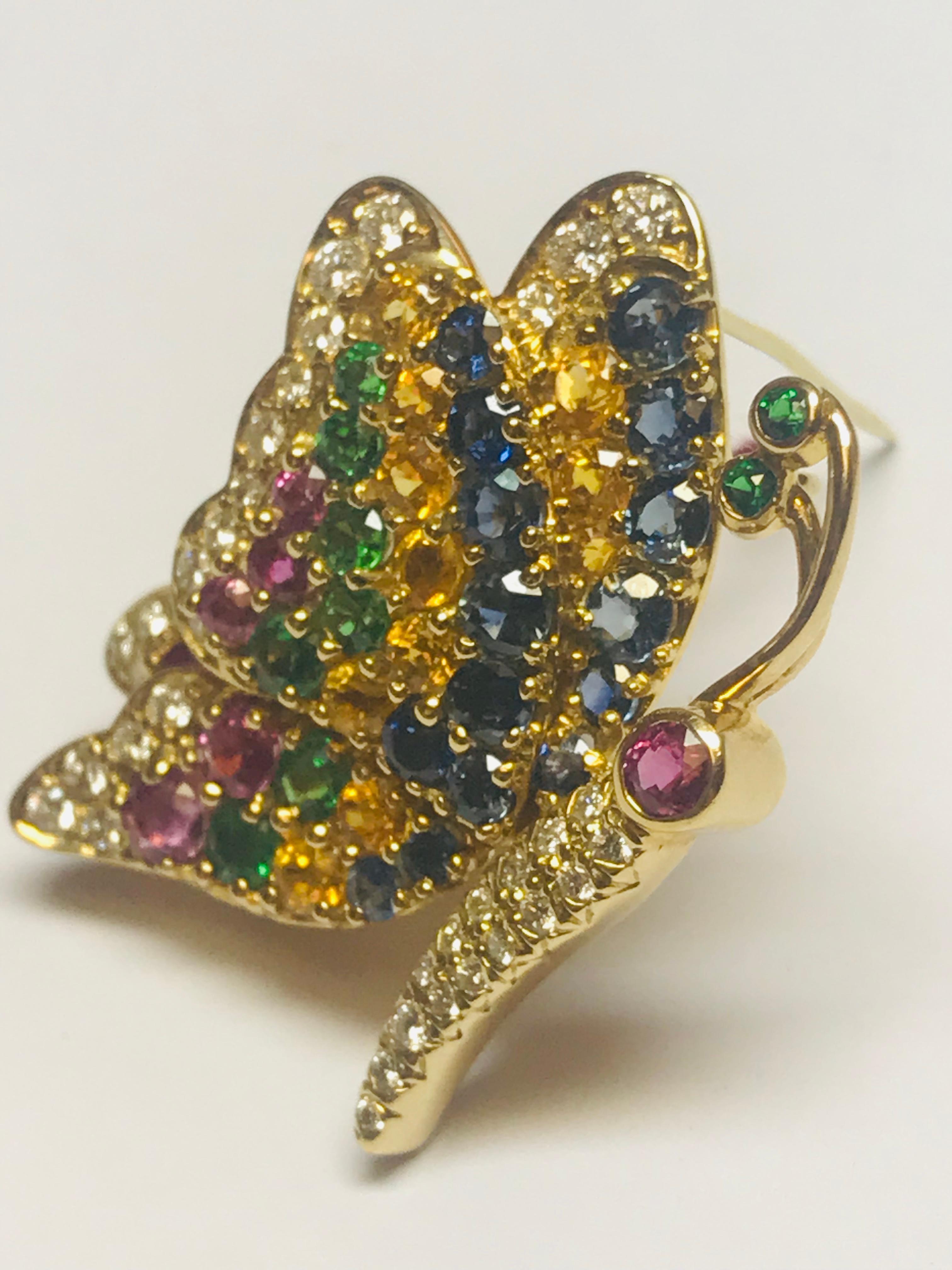 Jean Vitau 18k Blue & Yellow Sapphire, Ruby, Tsavorite Garnet & Diamond Butterfly In New Condition For Sale In New York, NY