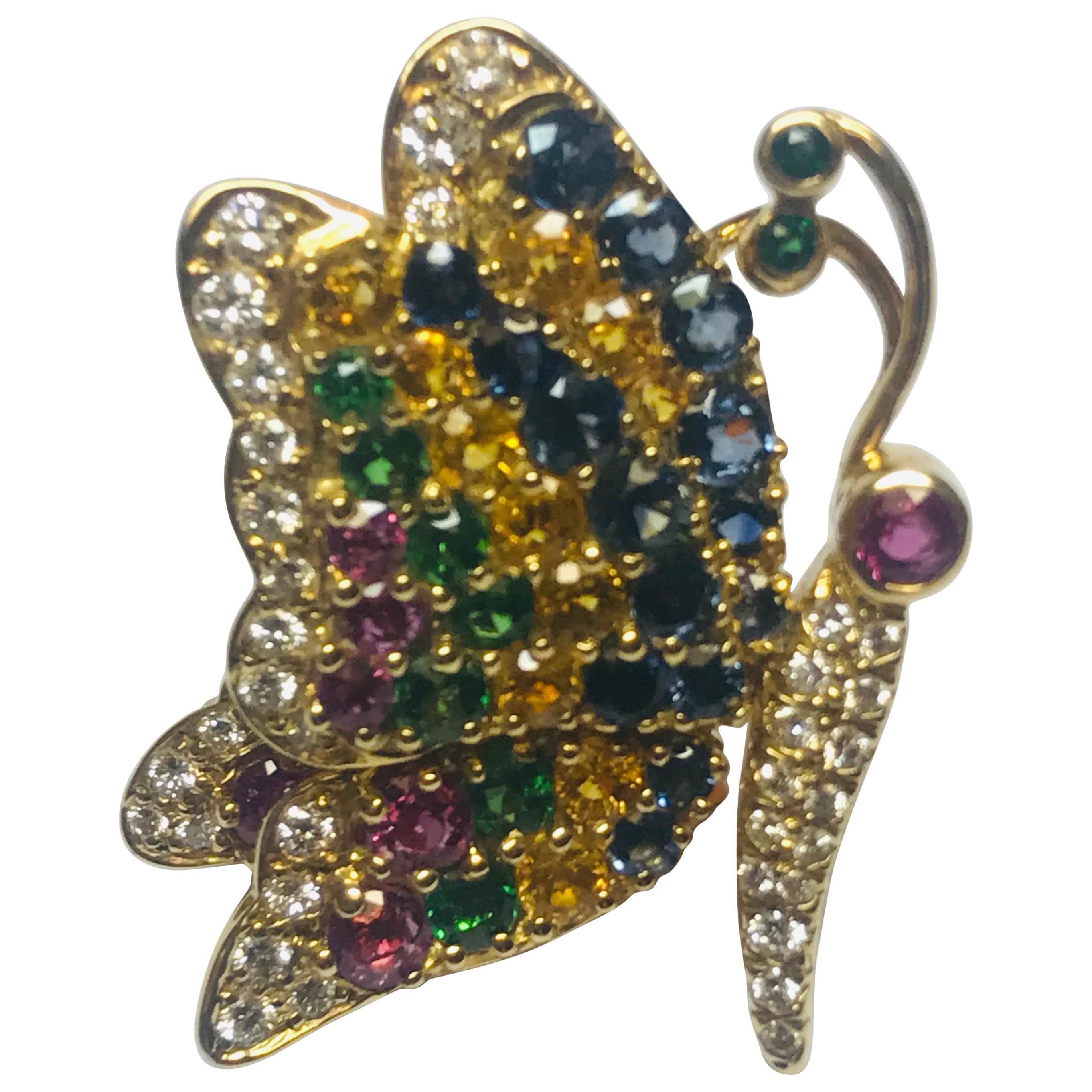 Jean Vitau 18k Blue & Yellow Sapphire, Ruby, Tsavorite Garnet & Diamond Butterfly For Sale